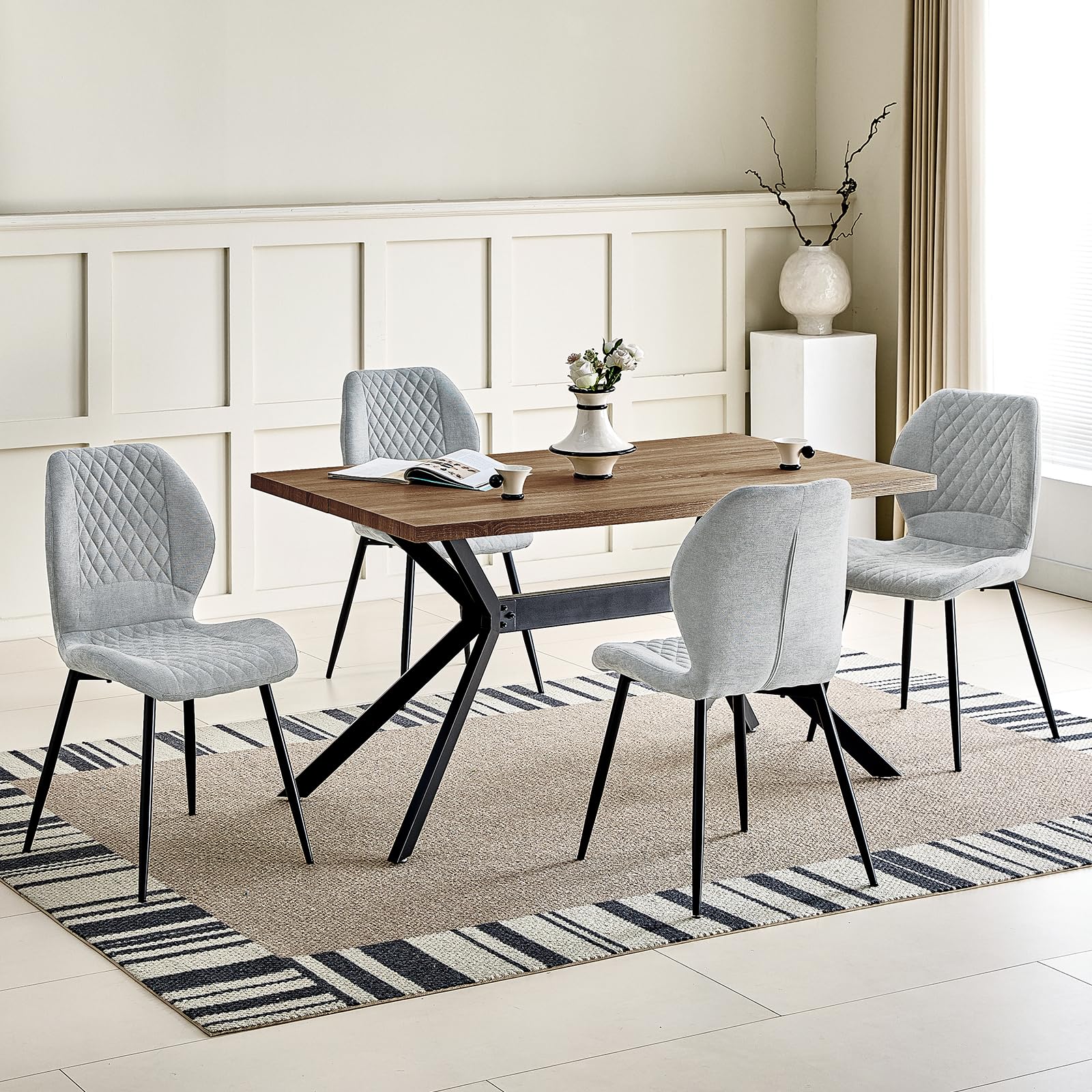 JIJIAN Essgruppen mit Dunkelbraun Holz Esstisch und 6 Grauer Stühle, Rechteckiger Esstisch in 140 x 80 x 76 cm mit 6 Ergonomischer Design Leinen Esszimmerstühle, für Esszimmer, Küche, Wohnzimmer