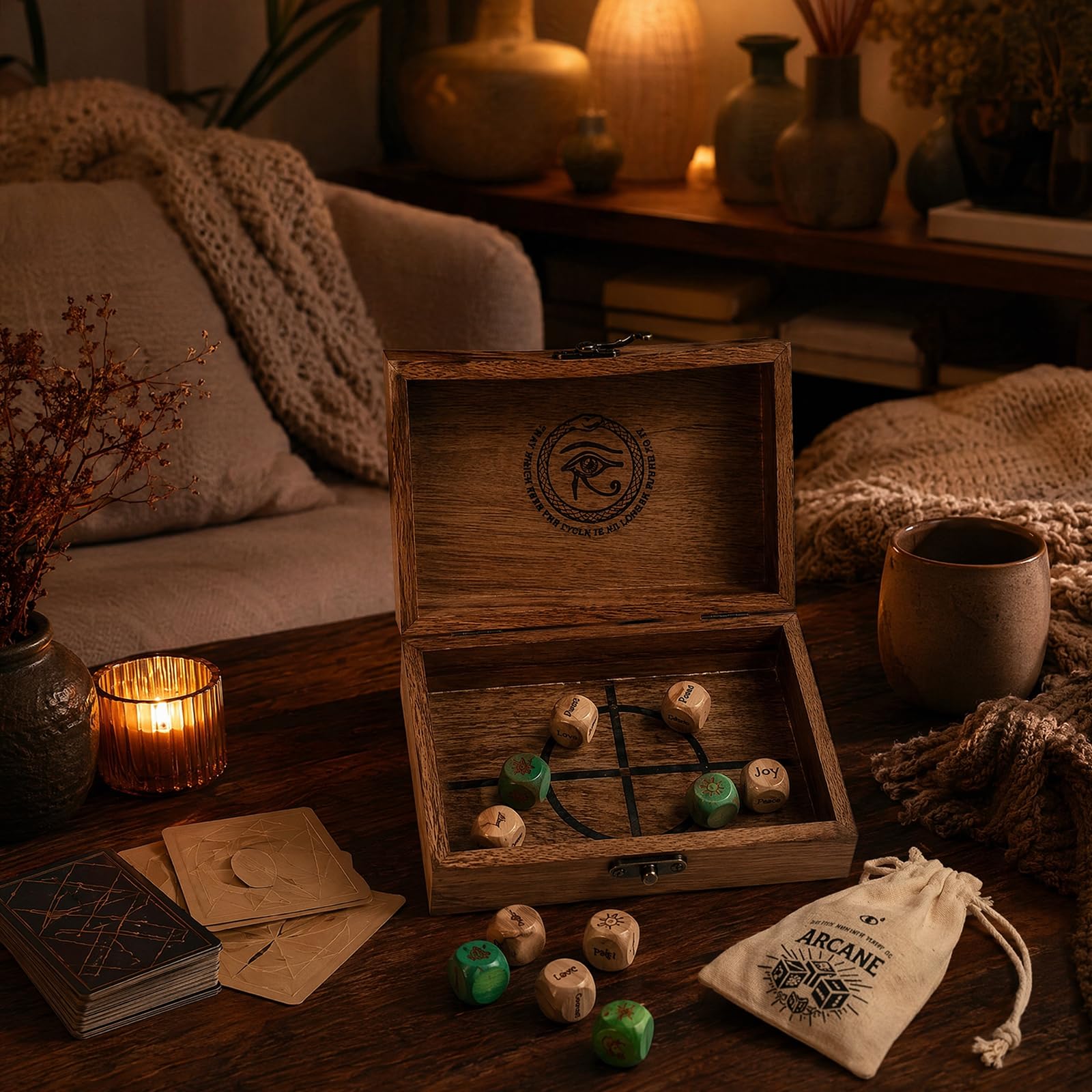Oracle Dice Set Wahrsagerei Holz Box graviert 10-teilig Spielzeug | Oracle Dice Set Wahrsagerei Holz Box graviert 10-teilig mit mystischen Symbolen und täglichem Gebrauch