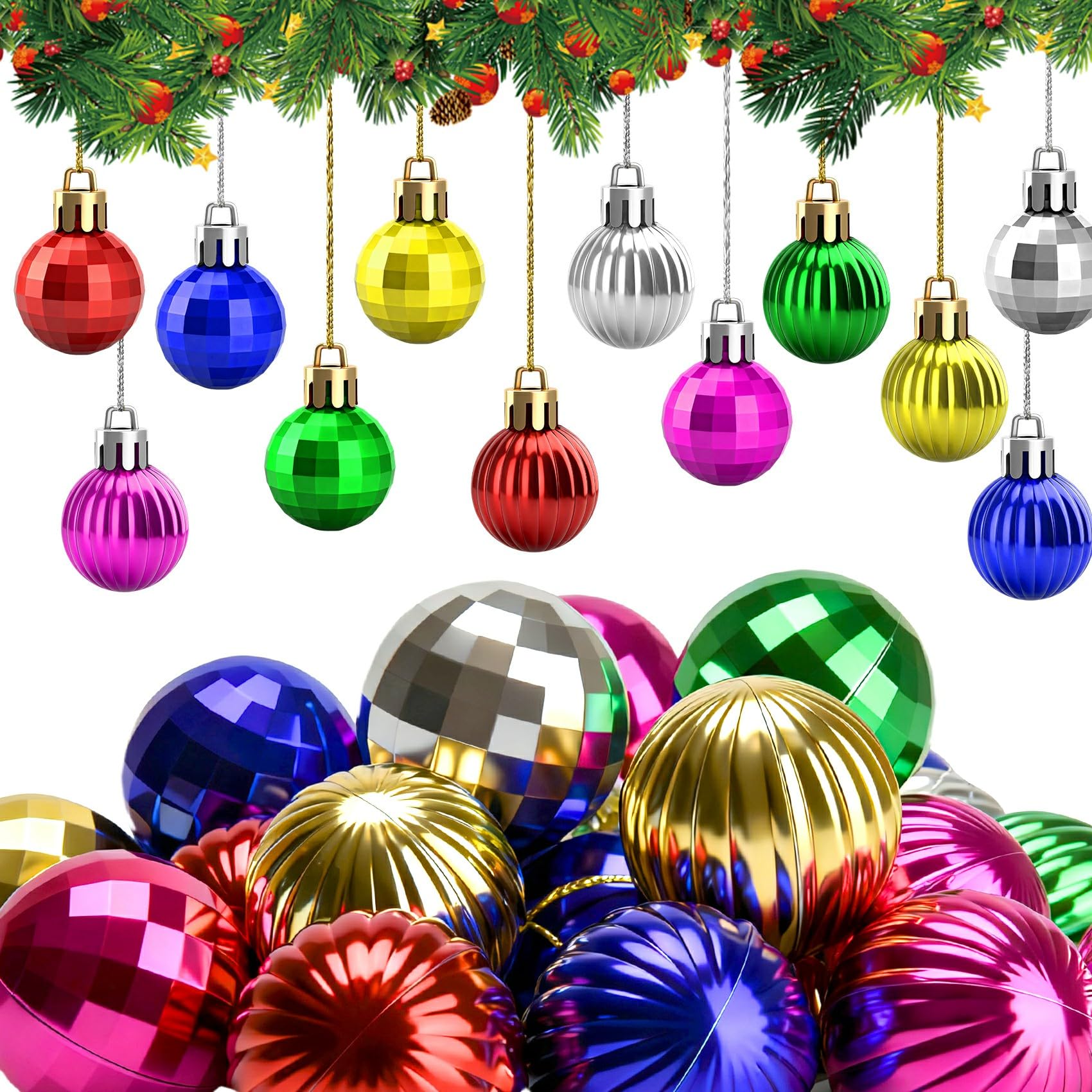 Toekt Colorful-A Set Of 24 Mini Christmas Balls Shatterproof Christmas Tree Baubles Mini Hanging Ball Tree Ornaments Party Decoration, 3Cm/1.18Inch (Colorful) (Colorful-A)