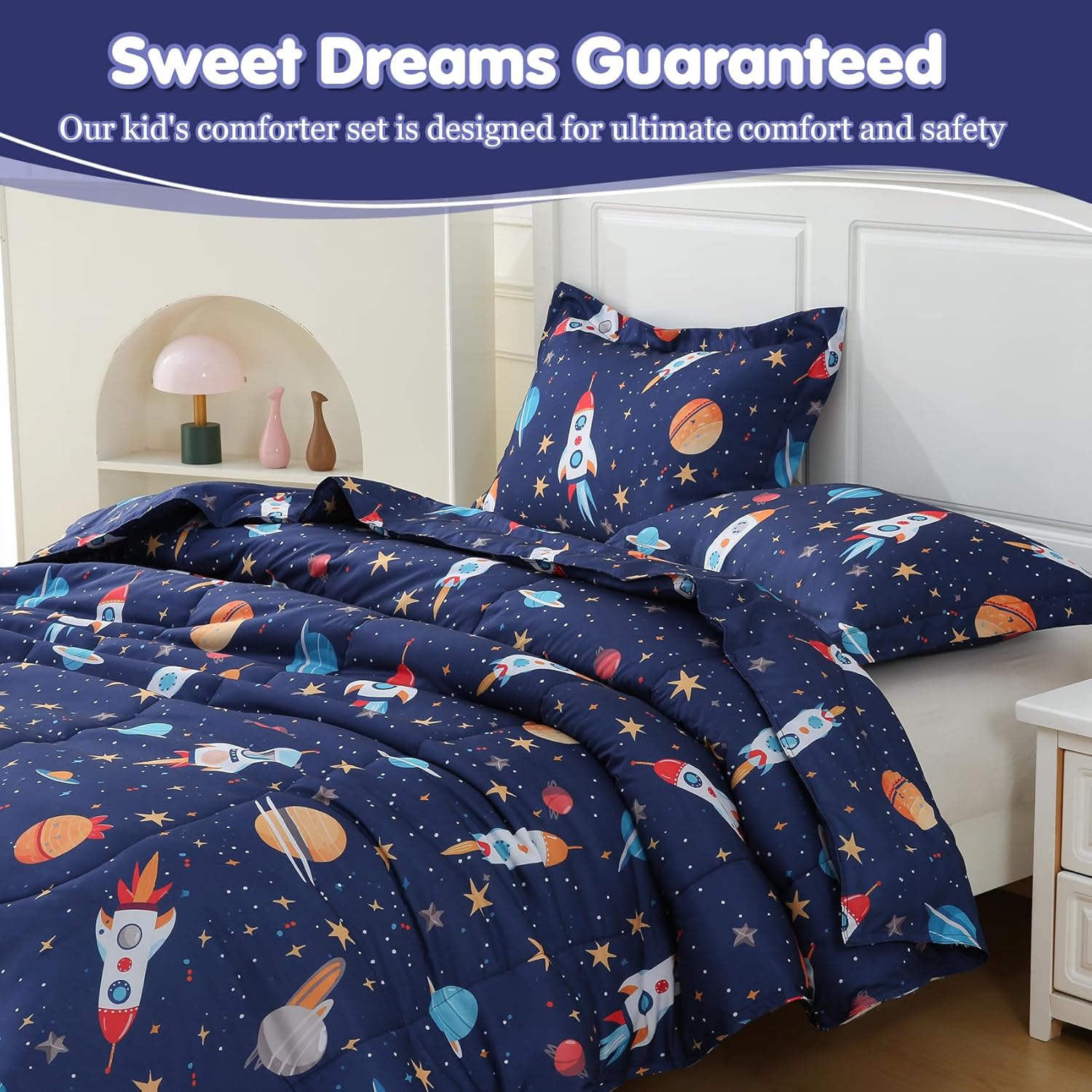 Boys Comforter Set Full Size Kids Bedding Sets Space Rocket Comforter with 2 Pillowcases 3 Pieces Bed in A Bag Children Bedroom Decor Soft Lightweight for All Season Durable Machine Washable