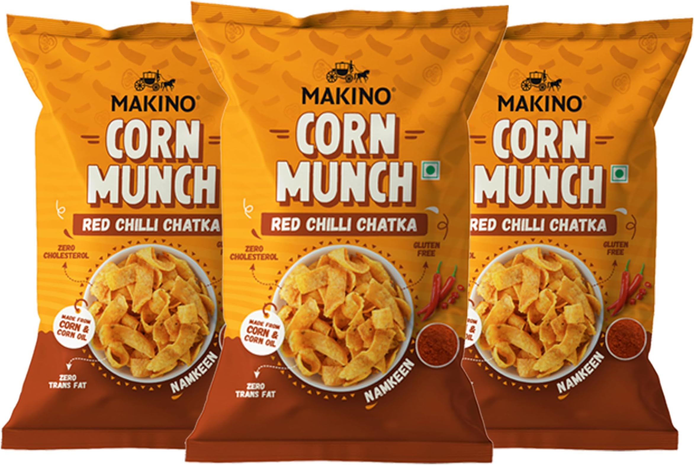 Makino Corn Munch Red Chilli Chatka Spicy Snack, Pack of 3 (150g) Each - First Time in India, Sizzling Hot Flavour, Fiery Crunchy Chips, Best for Tea Time, Party & Anytime Munching