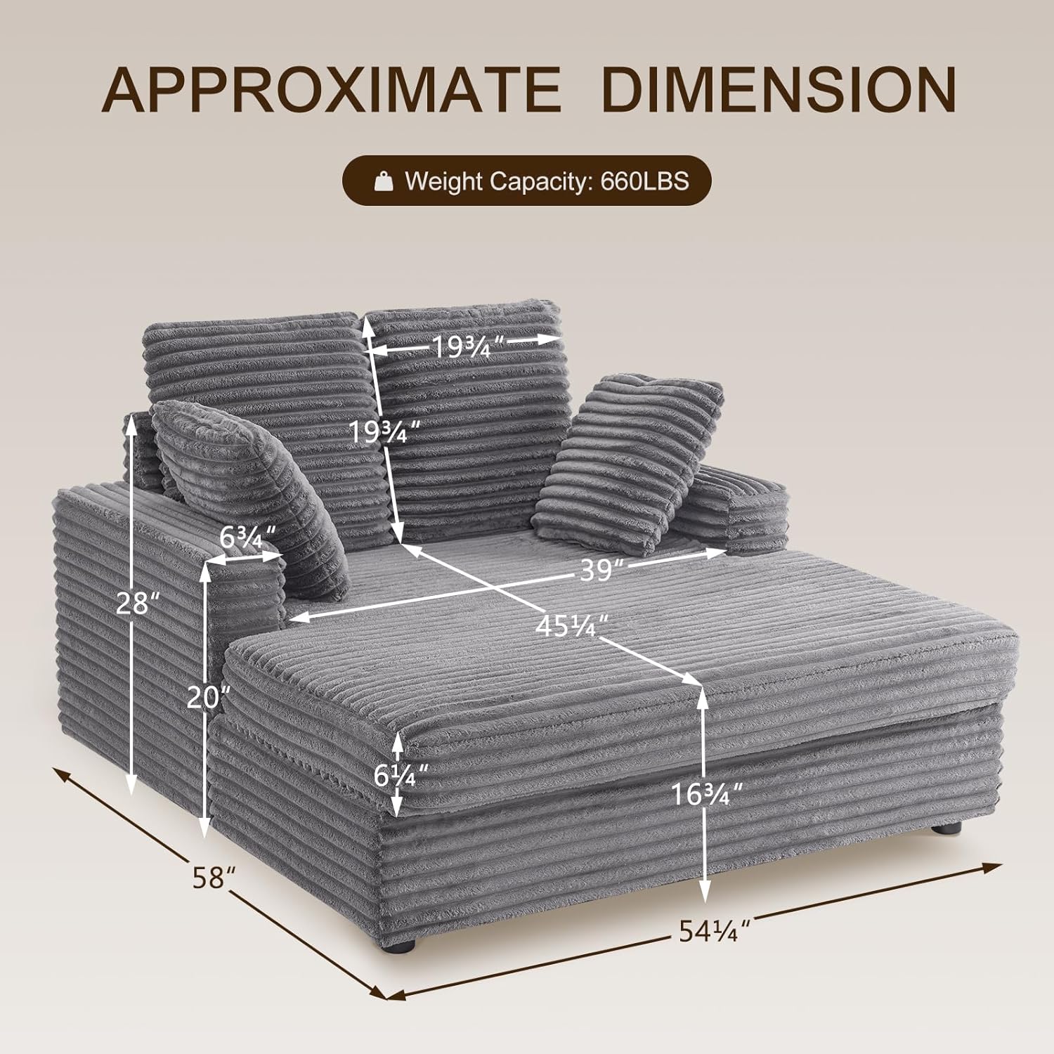 Furnimart Chaise Lounge Chair Indoor, 58 Inch Sleeper Sofa with 2 Throw Pillows, Fluffy Corduroy Loveseat Couch for Living Room, Comfy Oversized Reading Chair, Gray Loveseat Grey