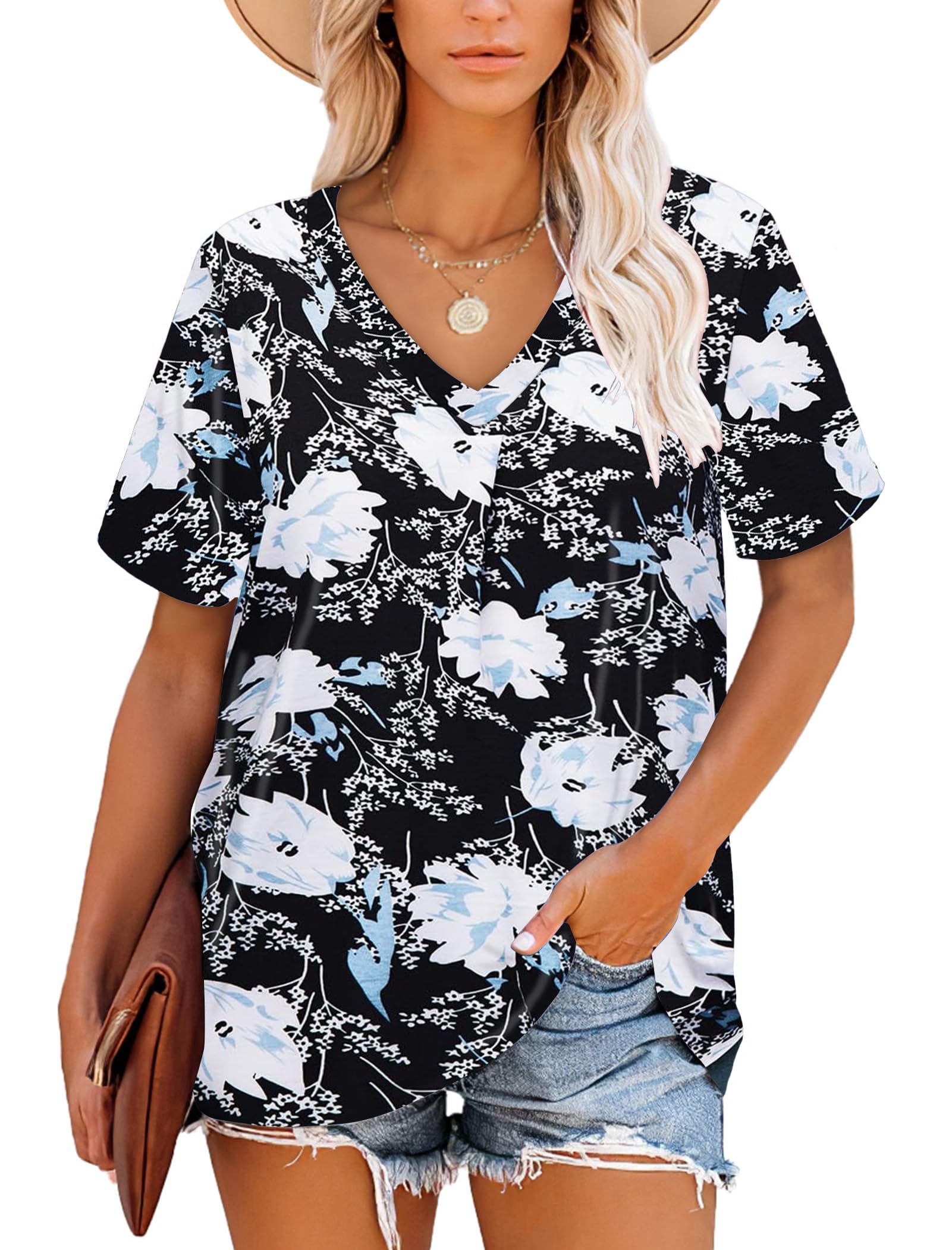 NARRAME Camiseta de Manga Corta con Cuello en V a Rayas para Mujer