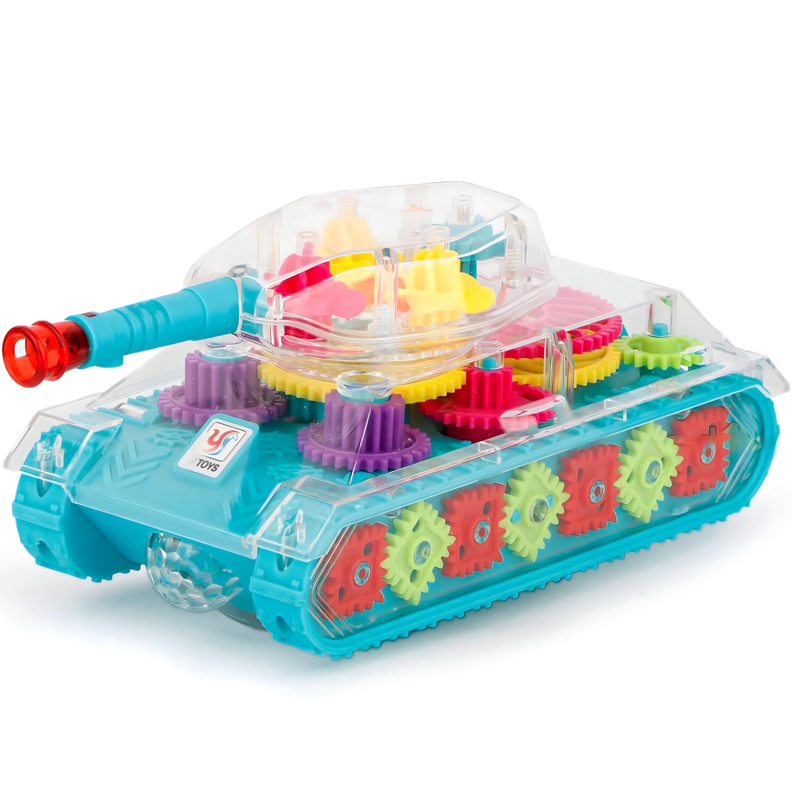 TOYS STORM Gear Tank Toy, Transparent, Light & Sound, 360° Rotation, Bump & Go, Interactive Learning & Development Toy for Kids