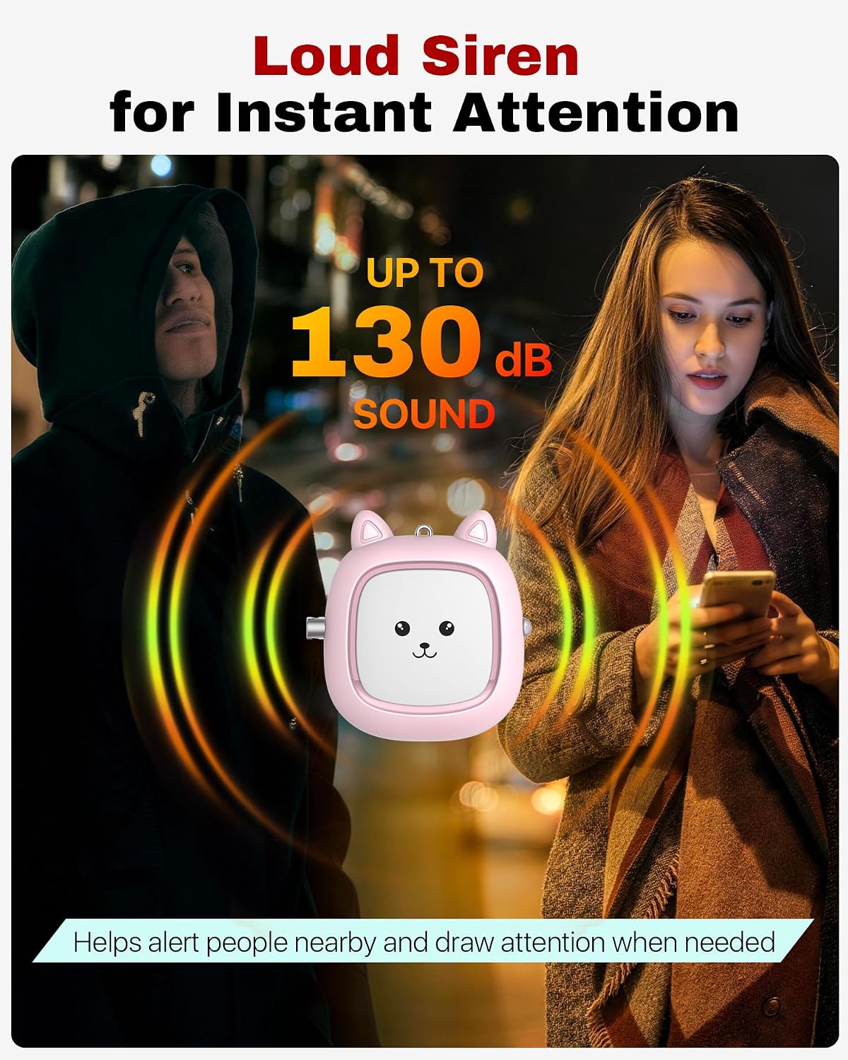 VIGOROAD Personal Alarm emitting a loud siren, with sound waves illustrated around it. A person is looking at their phone in the background.