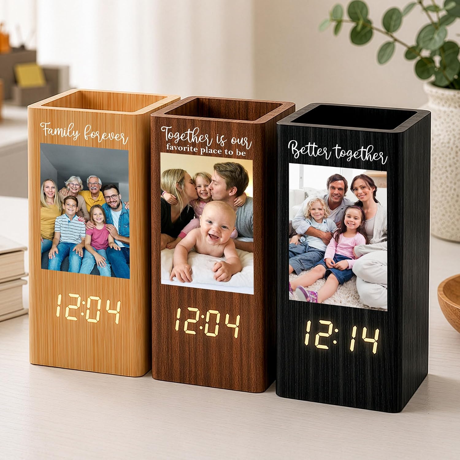 Macorner Personalized Pen Holder with LED Clock, Custom Photo Wooden Desk Organizer for Dad, Husband, Grandpa, Family, Office Desk Décor