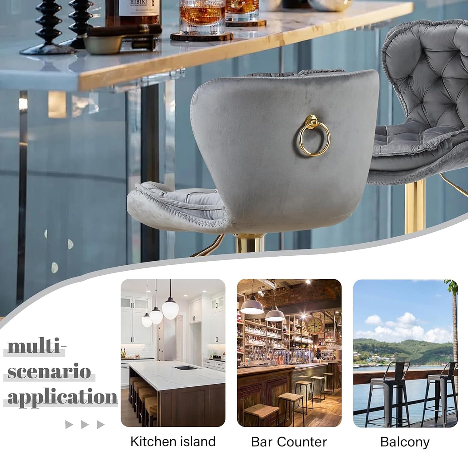 Swivel Bar Stools Set of 2,Modern Velvet Counter Height Adjustable Stools,360 Degree Tufted Bar Chairs Bar Stool with Back & Gold Metal Base for Kitchen Island,Pub,Cafe,Grey