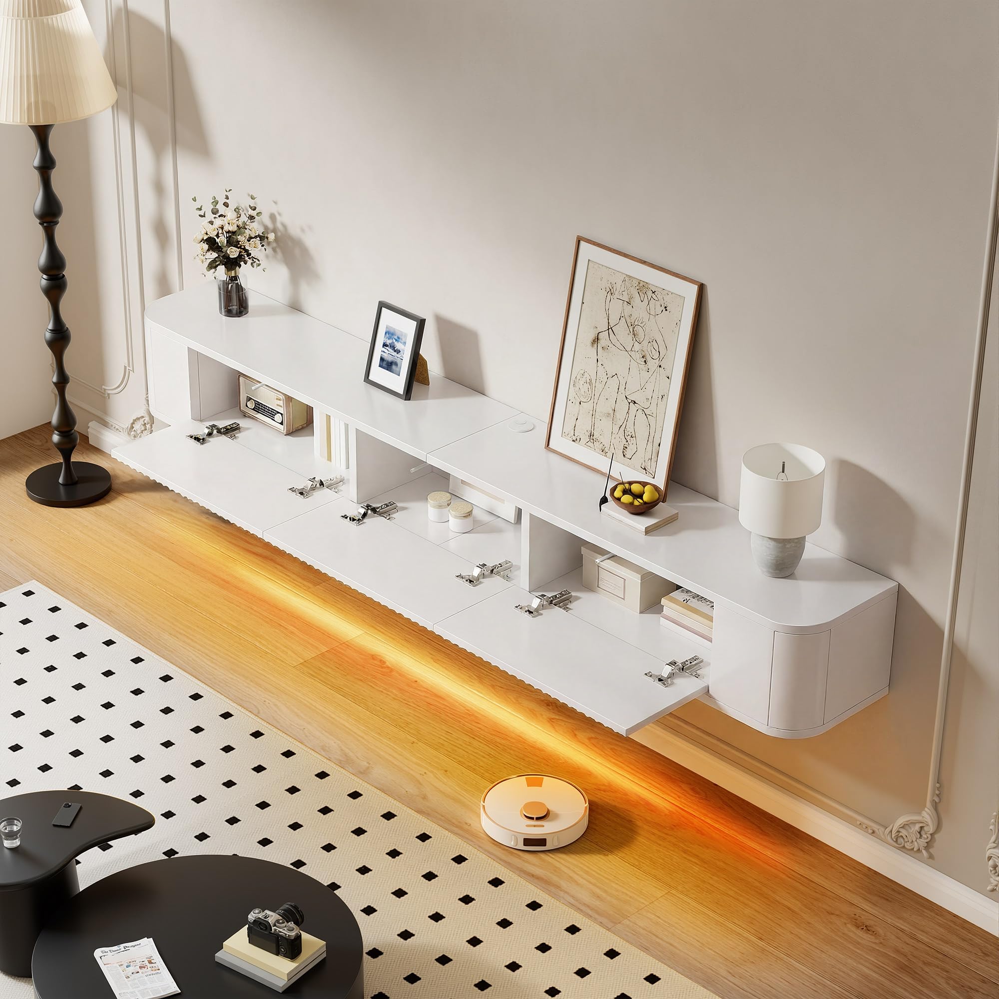 YITAHOME Meuble TV Flottant de 180 cm, étagères murales avec lumière LED RVB, Console multimédia TV Blanche Brillante, Grand Espace de Rangement pour Salon et Chambre à Coucher