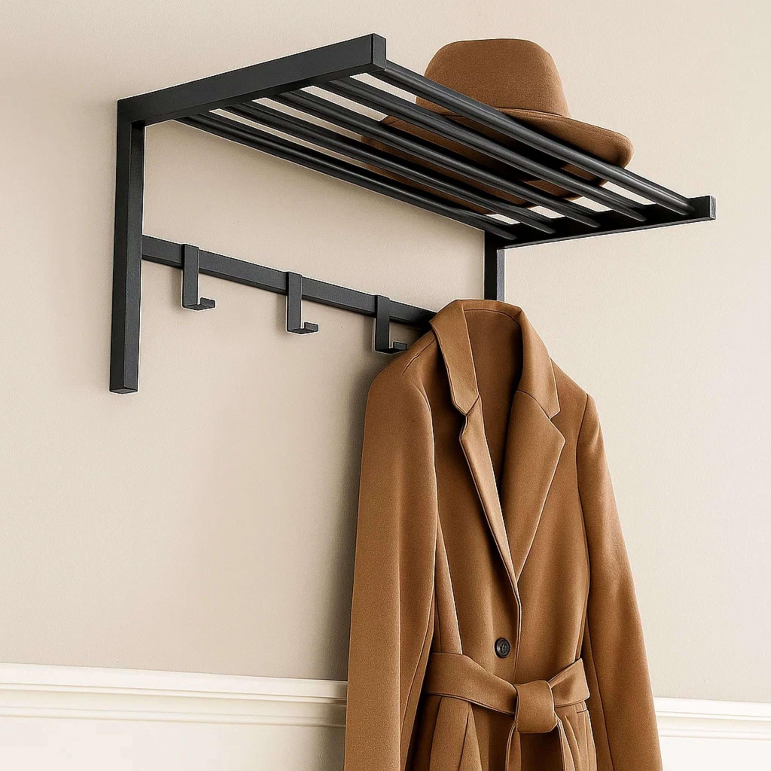 Miroytengo Perchero de Pared 4 ganchos y Estante en Metal Color Negro 69x33x34 cm