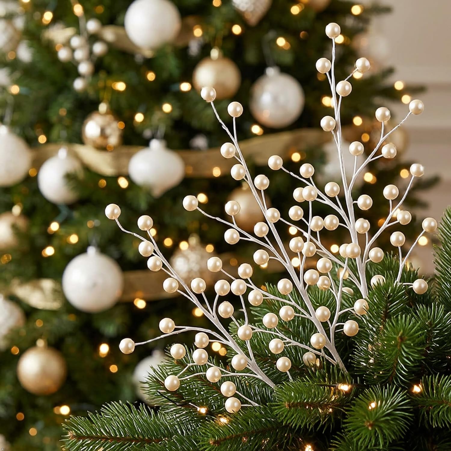Larksilk 17" Pearl White Berry Stem Picks 12 Pack Decorative Sprays for Wedding,Christmas Tree Decor, Arrangements, DIY Crafts, 35 Berries on Each Stem, Pack of 24