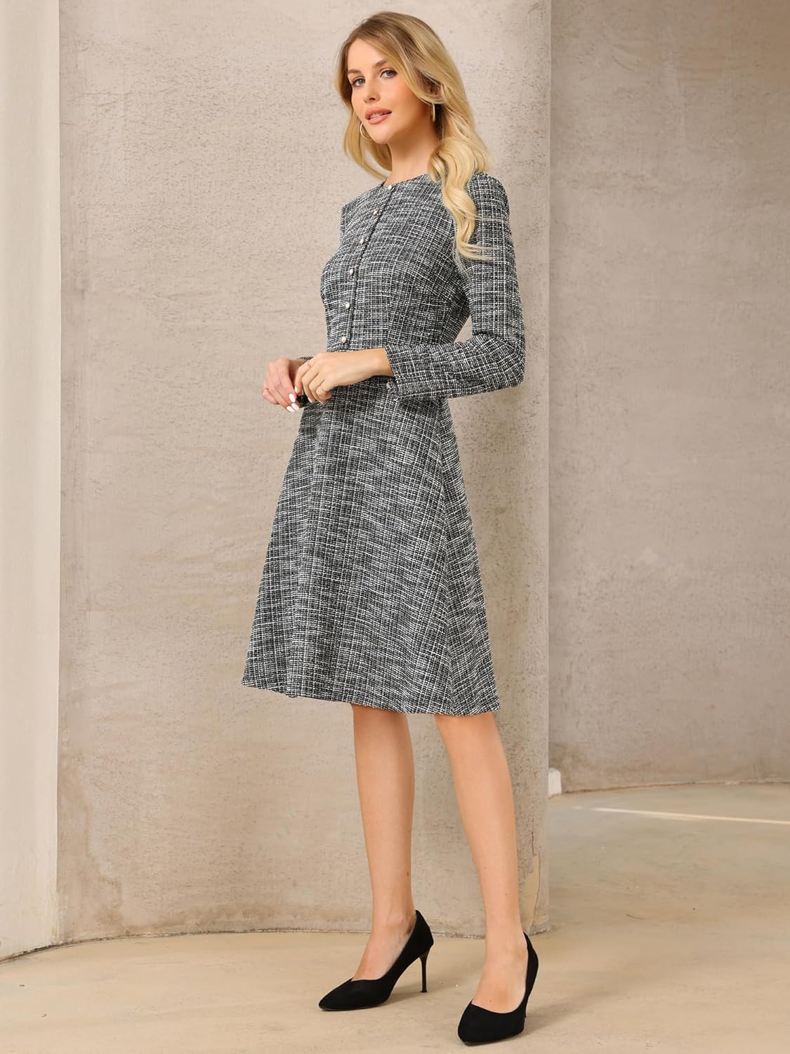 Women's Tweed Dress Long Sleeve Elegant Business Work A-Line Dresses - Image 3