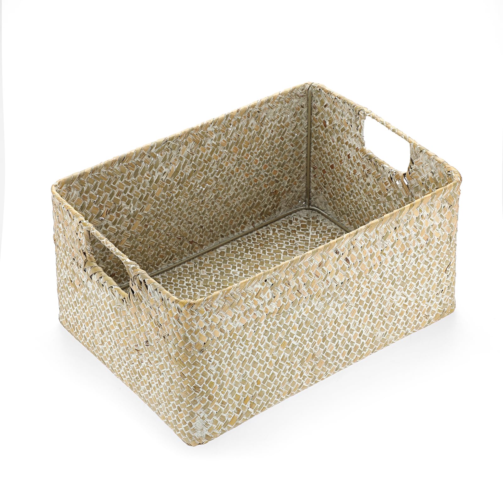 IGNPION Seagrass Storage Opened Basket Living Room Decorative BasketS Woven Wicker Towel Basket Rectangular Bathroom Organiser Box, Shelves & Desks Multipurpose Storage Hamper (Whitewash, Medium)