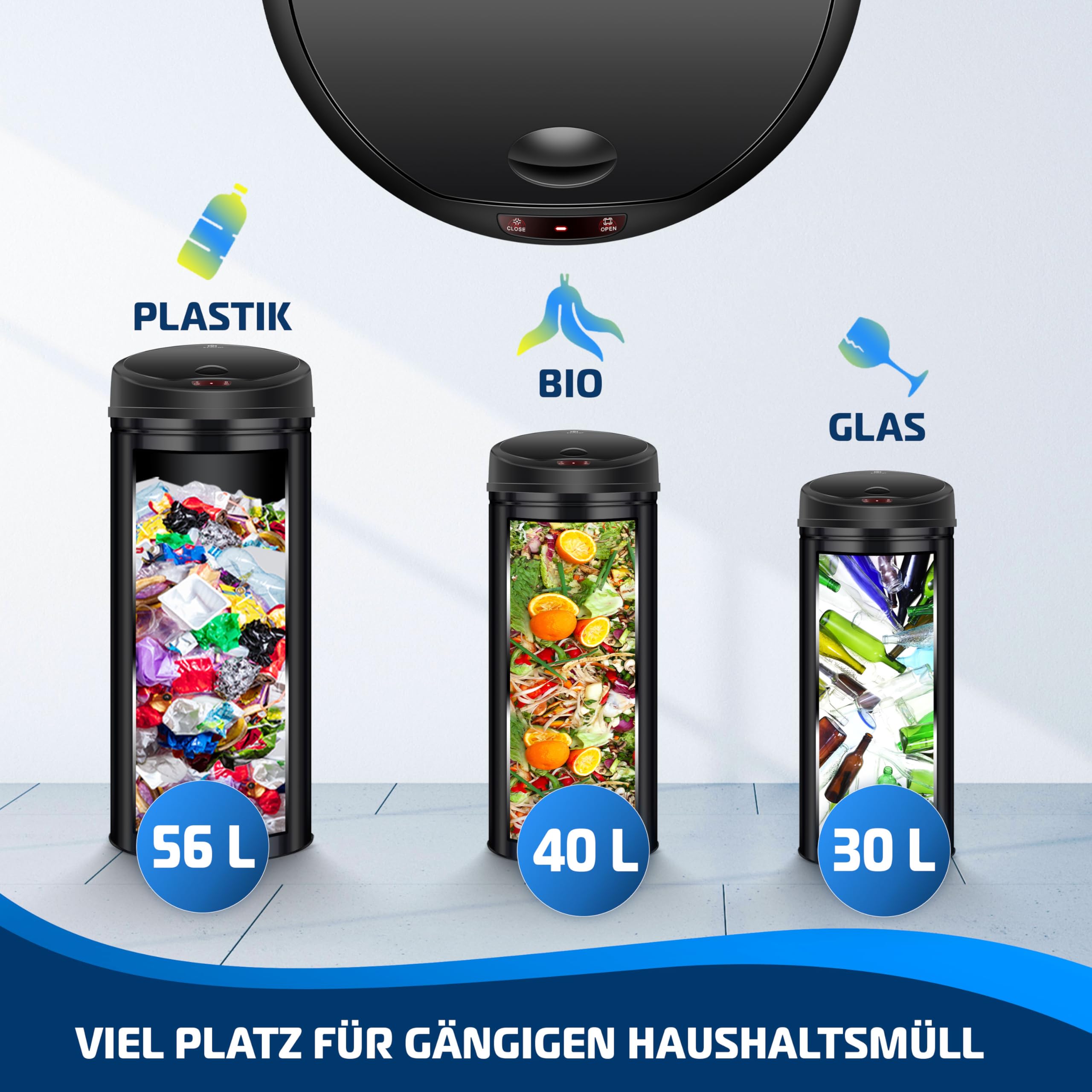 KESSER® Vuilnisbak voor in de keuken, 30 liter, automatisch met bewegingssensor, afvalemmer en soft-close-deksel, vuilnisemmer met touch-bedieningspaneel en sensor, lcd-display, roestvrij staal, Black