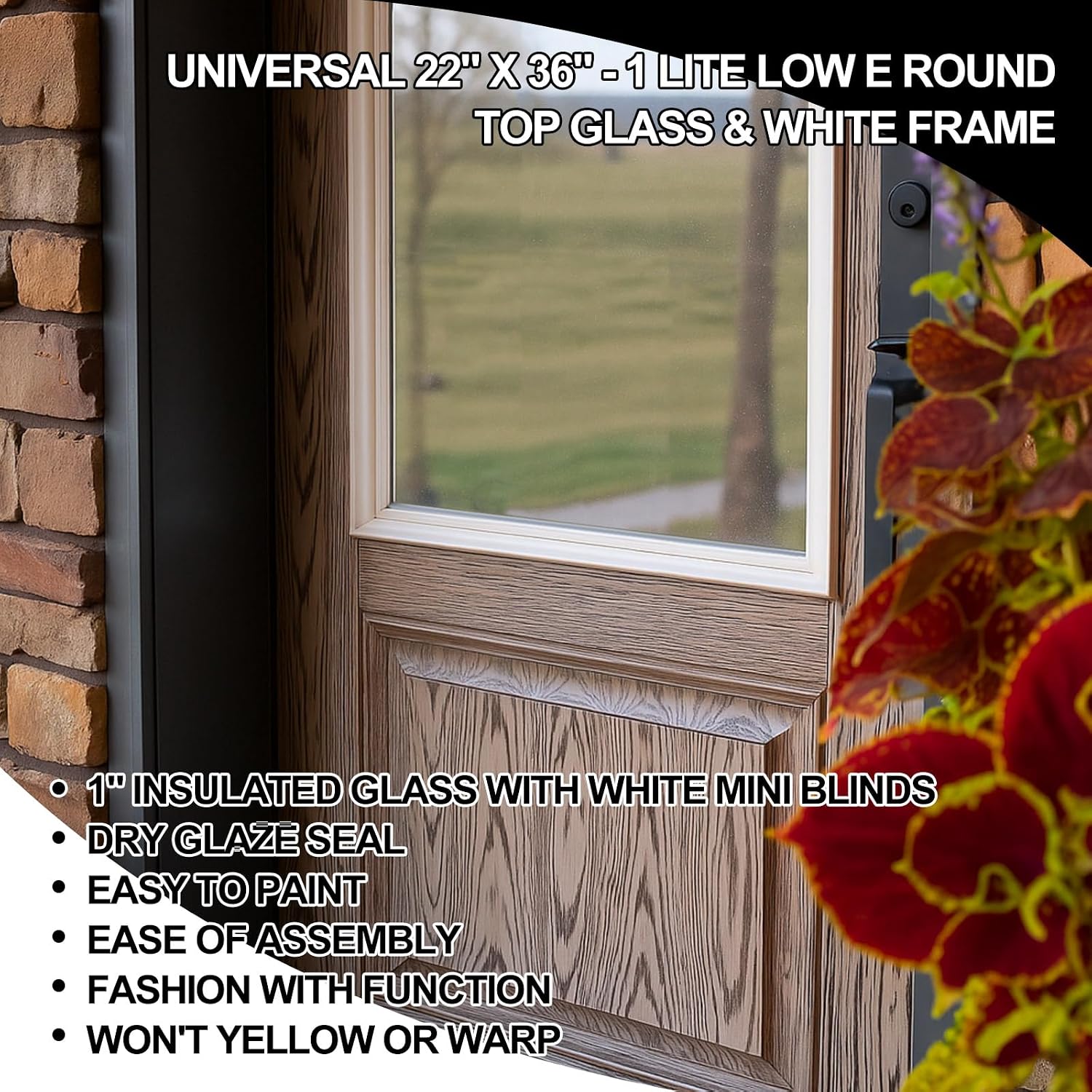 Pushglossy 22 x 36 Entry Door Glass Insert White Exterior Door Frame Window Inserts Replacement Kit with Low-e Clear Glass for Home Improvement(1 Lite Round Top)