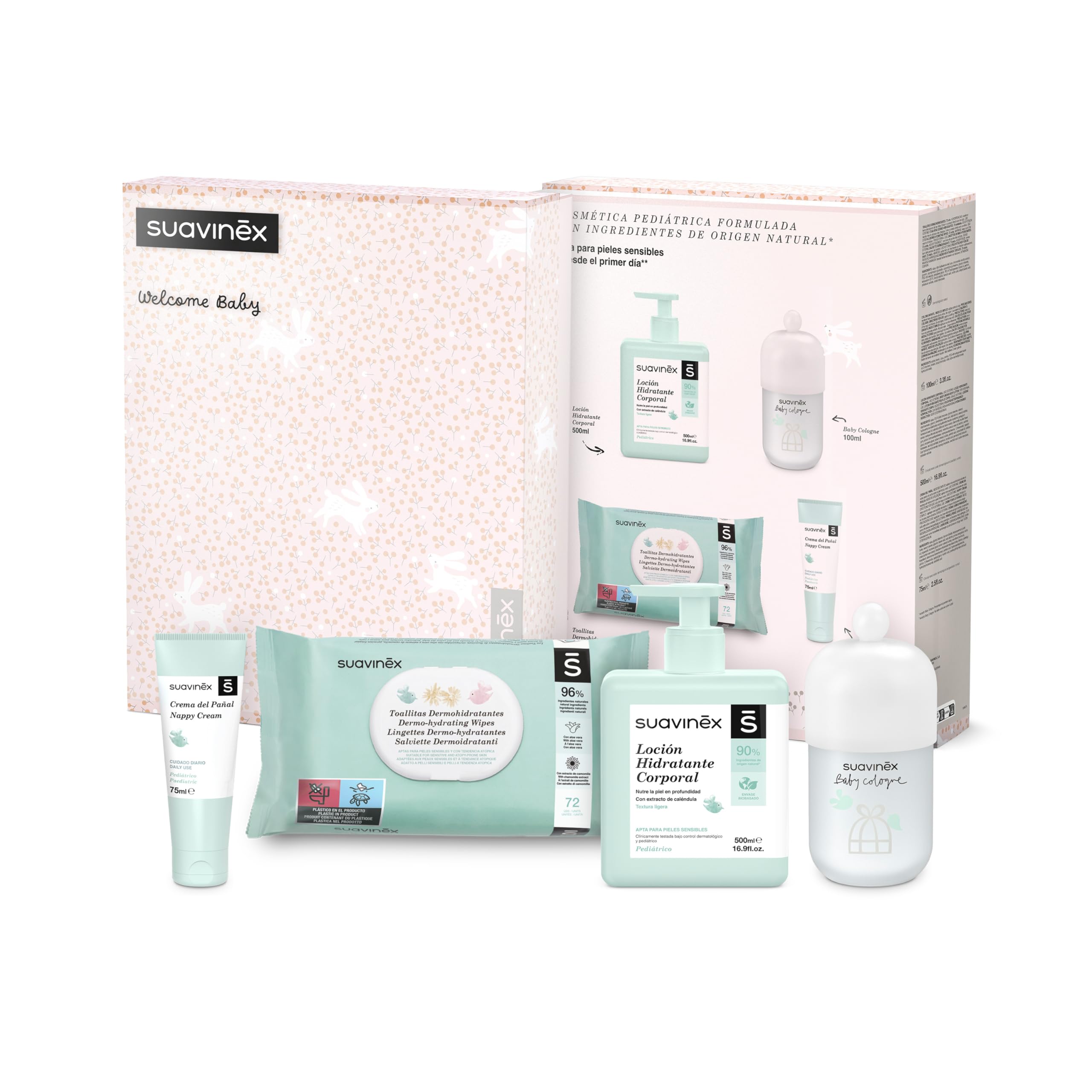 SUAVINEX, Canastilla Bebé Recién Nacido. Canastilla de Cosmética con: Crema Pañal 75 ml + Loción Hidratante Corporal 50…