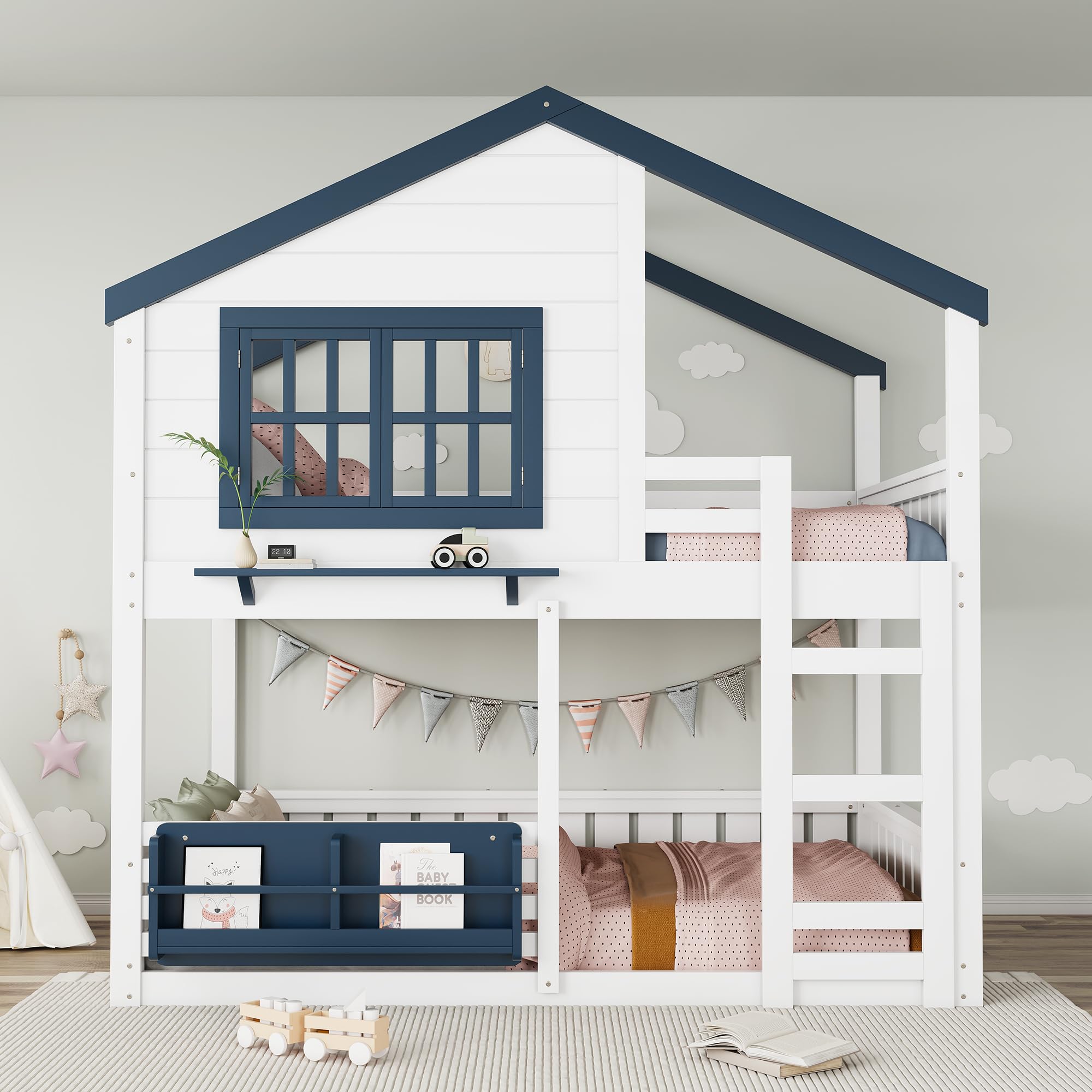 House Bunk Bed with Bookshelf - Full Loft Bed with Safety Rails, Play Area &amp; Storage - Sturdy Wooden Cabin-Style Bed for Boys &amp; Girls (White+Blue2)