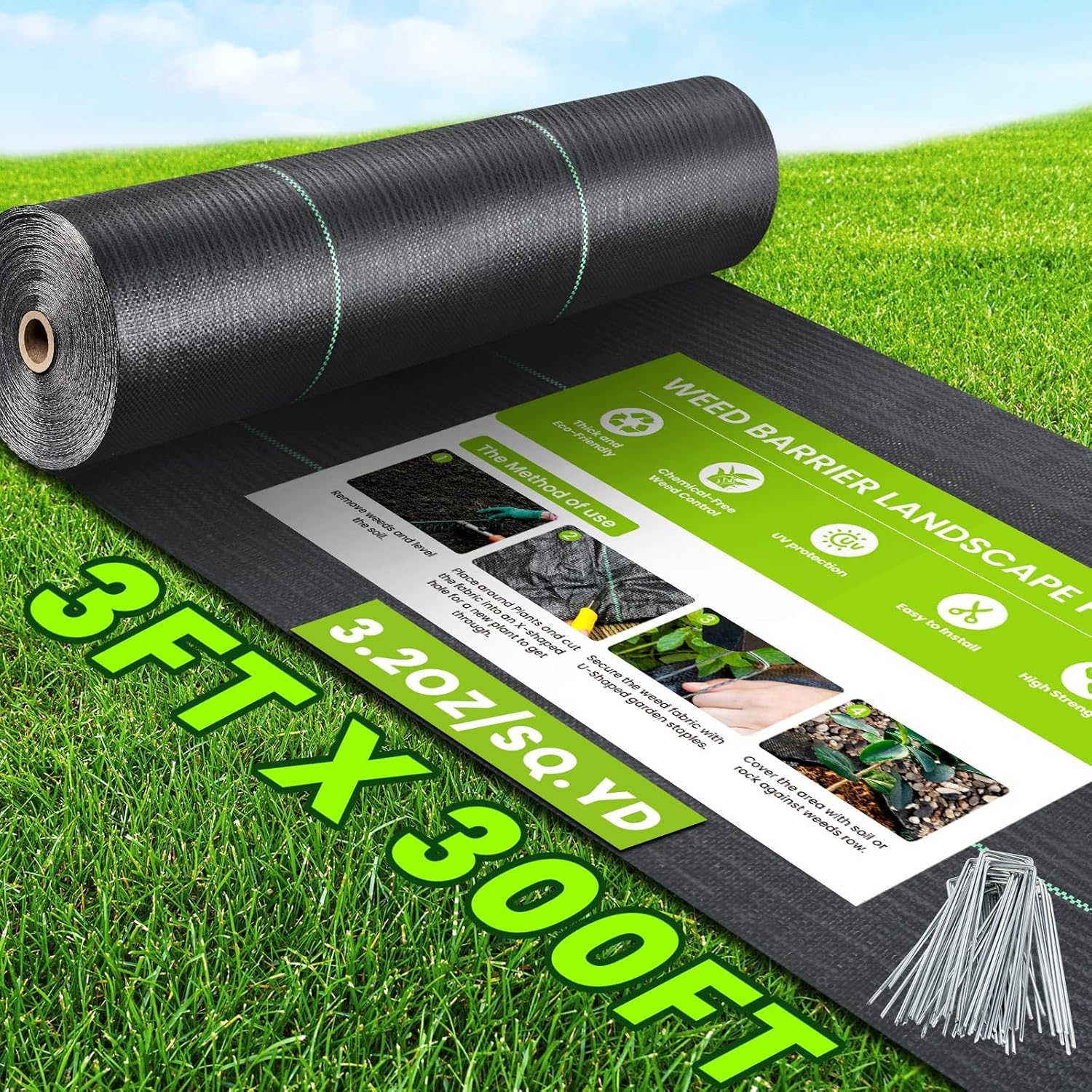 3x300FT Weed Barrier Landscape Fabric Heavy Duty, 3.2oz Weed Control Garden Cloth, Block Gardening Ground Cover Mat, Woven Geotextile Fabric for Driveway, Gravel, Greenhouse, Underlayment