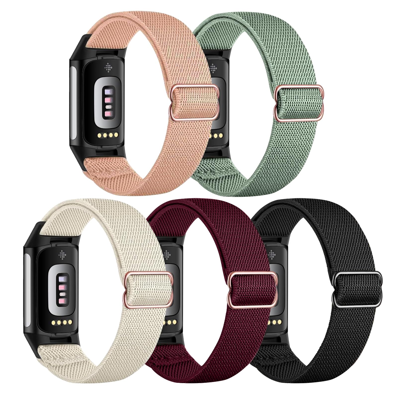 Gugobit 5 Stück Elastisches Armband Kompatibel mit Fitbit Charge 6/Fitbit Charge 5 Armband, Verstellbares Nylon atmungsaktives Ersatzarmband für Fitbit Charge 6/ Fitbit Charge 5 Damen Herren