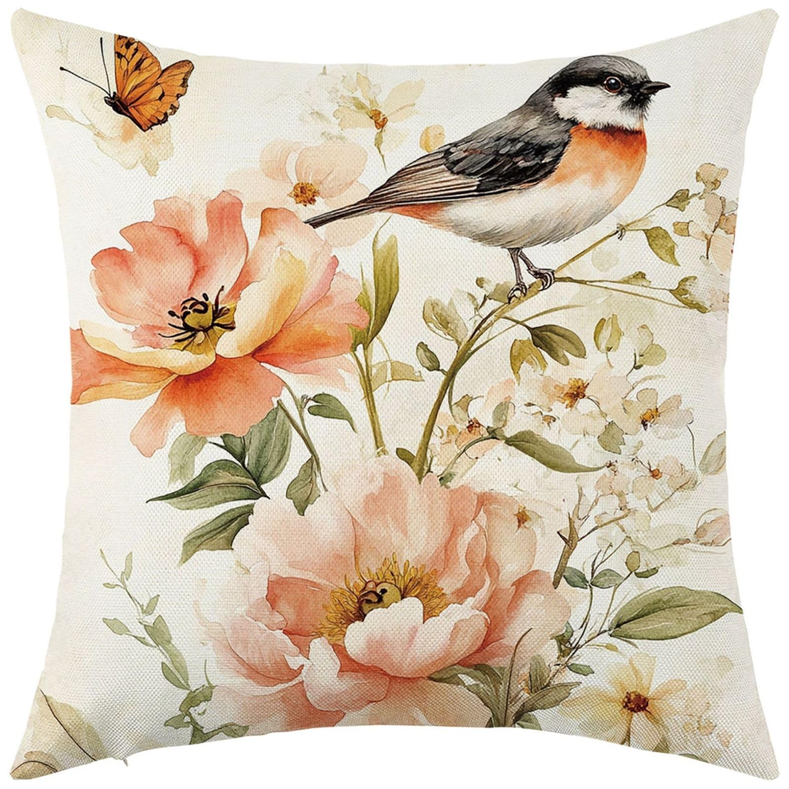 Cushion Covers 40cm x 40cm Orange Butterfly Flower Decorative Pillows Linen Square Sofa Bed Cushions with Invisible Zipper Throw Pillow for Living Room Outdoor Pillowcases