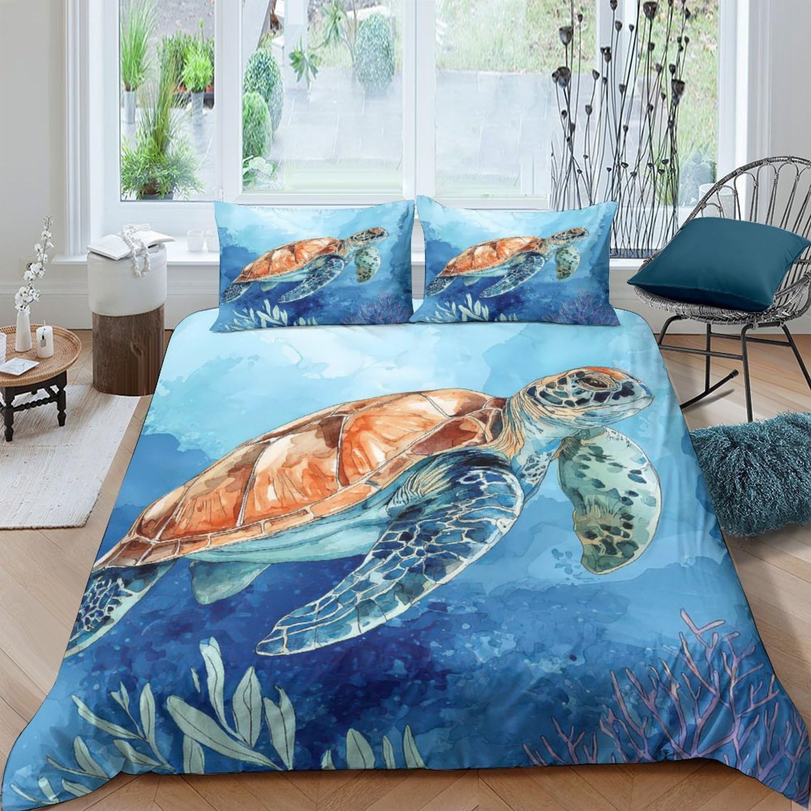 Ctjqhvkz Style-4 3D Printed Sea Turtle Ocean Fitted Sheet Microfiber Soft Blue Underwater Mattress Cover For Bedroom Guest Room Decor Single（135X200cm）