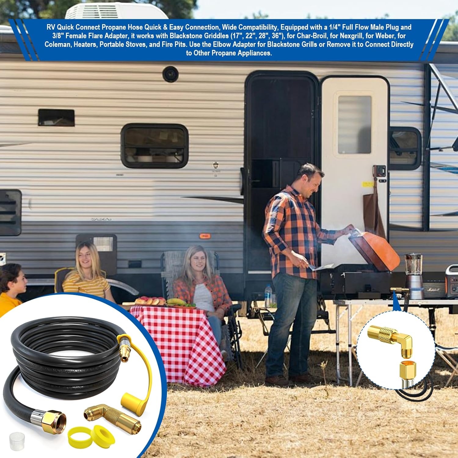 24ft RV Quick Connect Propane Hose for RV to Grill Low Pressure LP Gas Hose w/Elbow Adapter,1/4" Quick Plug x 3/8" Female Flare for Blackstone 17"/22" Griddle/Weber Grill/Camp Chef Stove/Fire Pit etc.