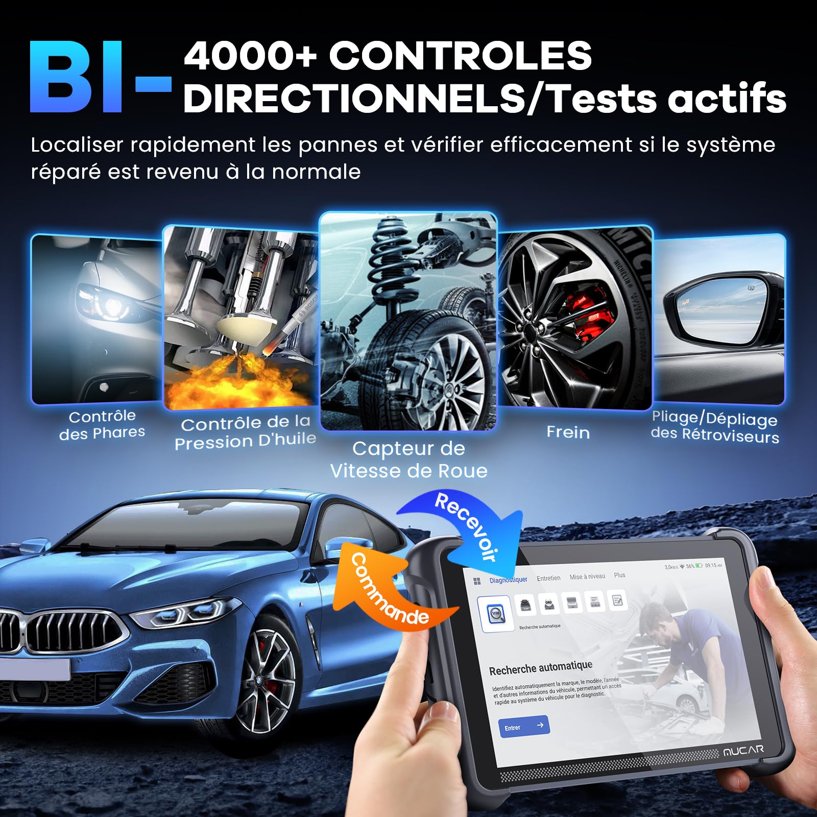 mucar 892BT AI Valise Diagnostic Auto,Bidirectionnel obd2 Diagnostic Français,Codage ECU,34+ Réinitialisations,Diagnostic de Tous Les systèmes, Guide V.A.G, FCA AutoAuth, CANFD&DOIP, Gratuit à Vie