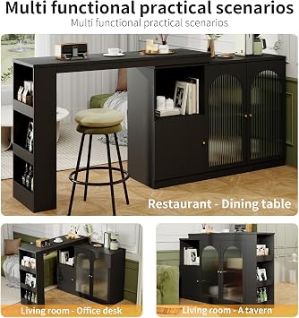 360° Rotating Bar Table (120 x 40 x 97 cm) – Modern Simple Black Rotating Dining & Bar Cabinet, Multifunctional Storage Cabinet with Glass Door