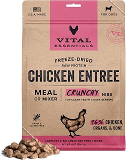 Vital Essentials Freeze-Dried Raw Dog Food, Chicken Crunchy Nibs | Complete Meal or Mixer | High Protein Dog Food | 14 oz