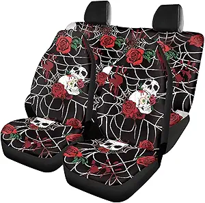 Skull Rose Cobweb Car Seat Covers Full Set Seat Protectors with Split Bench Seat Covers for Cars Interior Covers