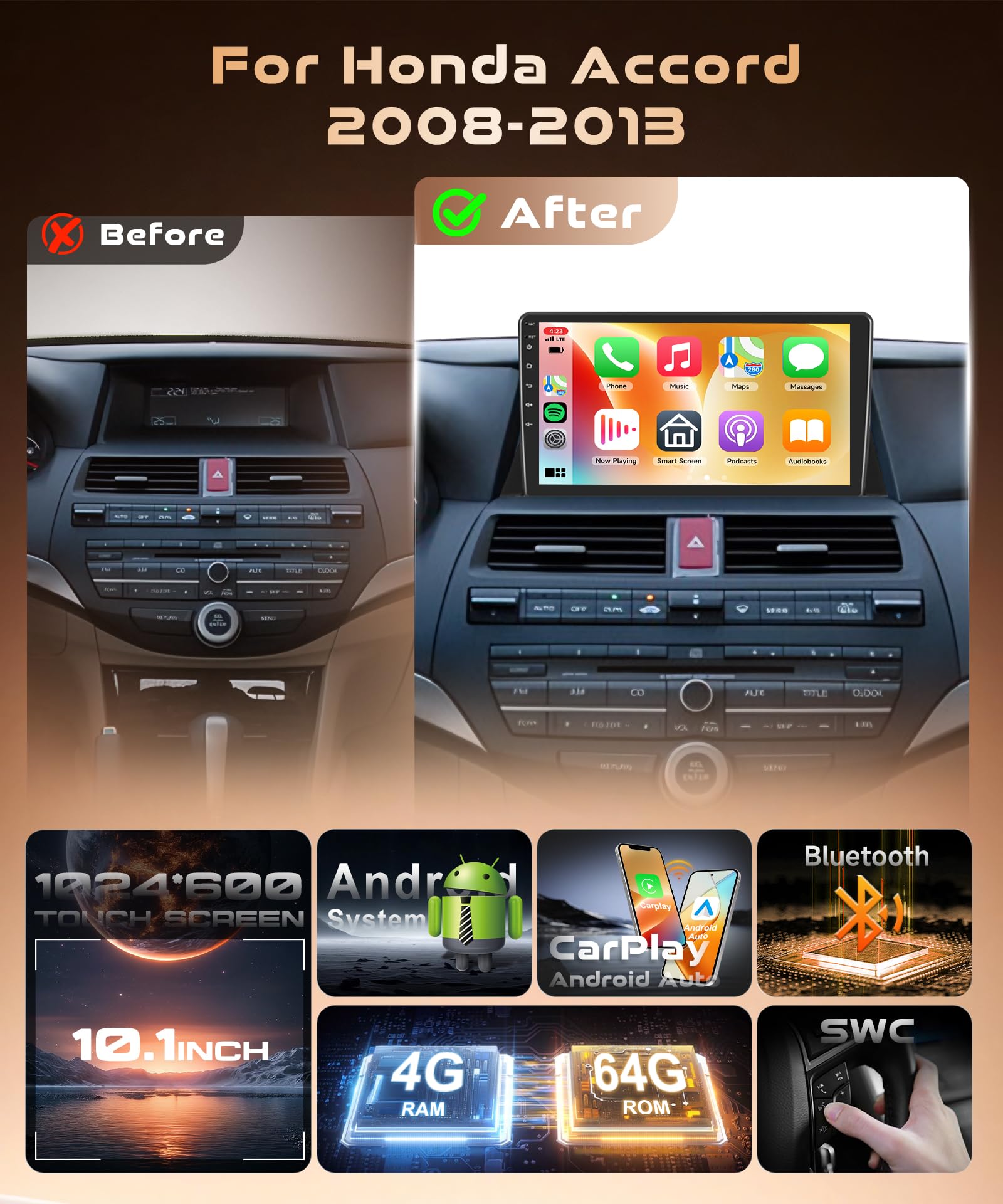 KYNNT 4G+64G Car Radio for Honda Accord 2008-2013, Android Car Stereo for Accord Wireless CarPlay Android Auto, DSP-32EQ, GPS Navigation WiFi, Bluetooth 10.1'' Touch Screen FM Backup Camera MIC