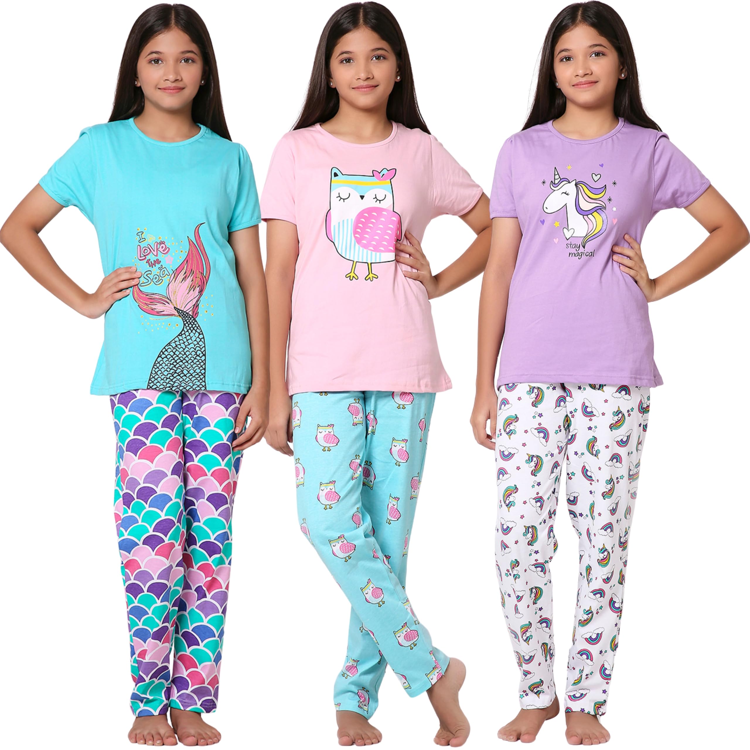 TotzTouch Girls Night Dress |Night Suit | Sleepwear for Kids Girls T Shirt & Pajama Pant Set of 3 (Age 6 Months to 15 Years)