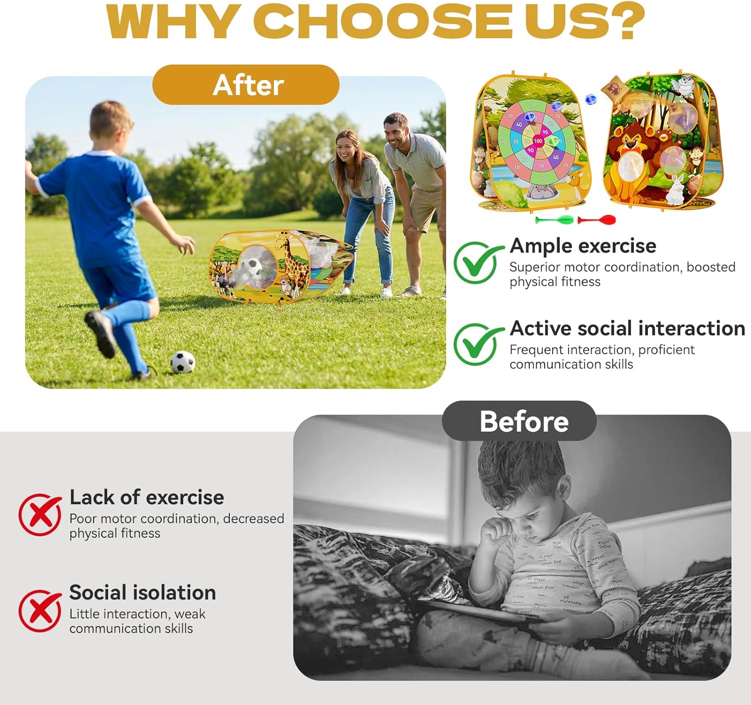 4-in-1 Cornhole Board Set, Toddler Outdoor Games with Bean Bag Toss Game, Soccer Goal, Safe Darts and Throwing Ball Toy, Family Party Games and Outside Toys for Kids Ages 3-8, Boys & Girls - Image 6