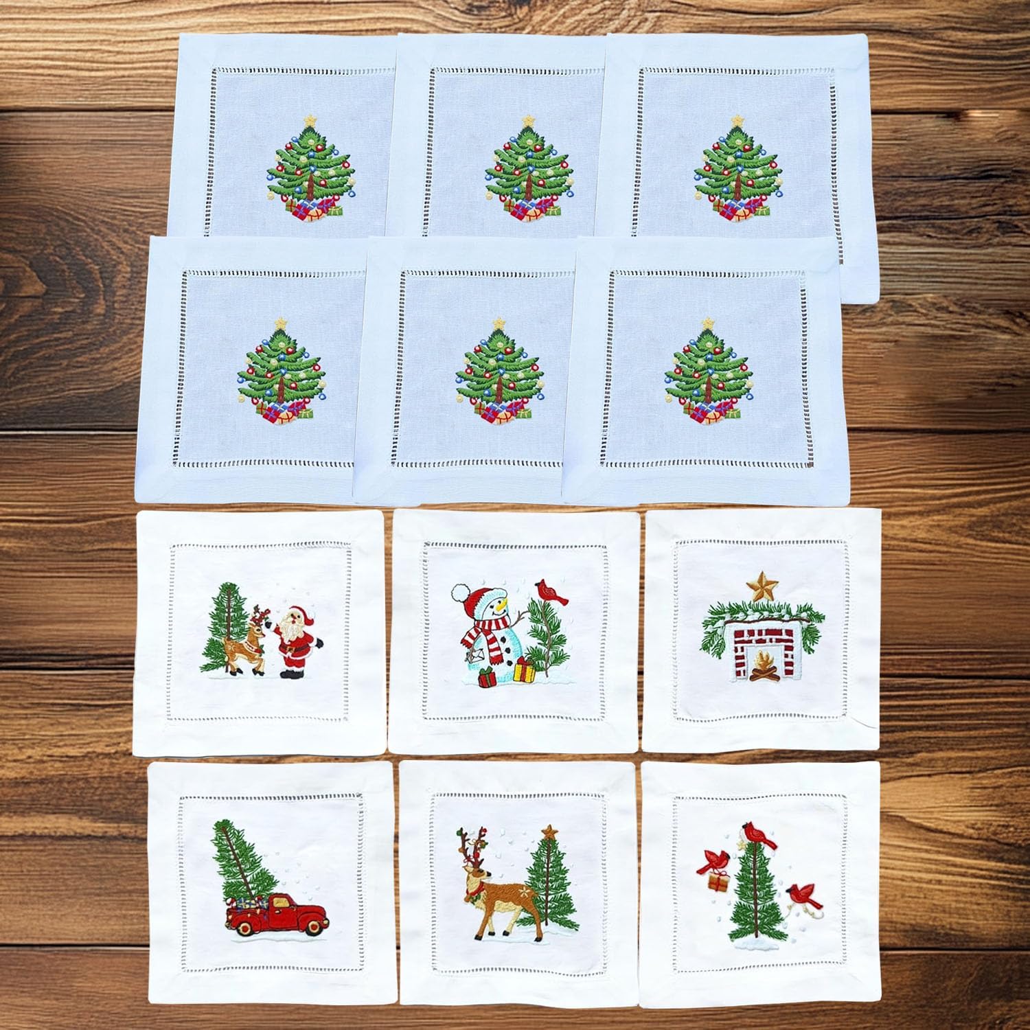 Embroidered White Cocktail Napkins 6"x6" Set of 6 Cloth Napkin Coasters, Christmas Fireplace, Snowman Embroidered Cocktail Napkins for Christmas Cocktail Napkins Parties, Ladder Hemstitch
