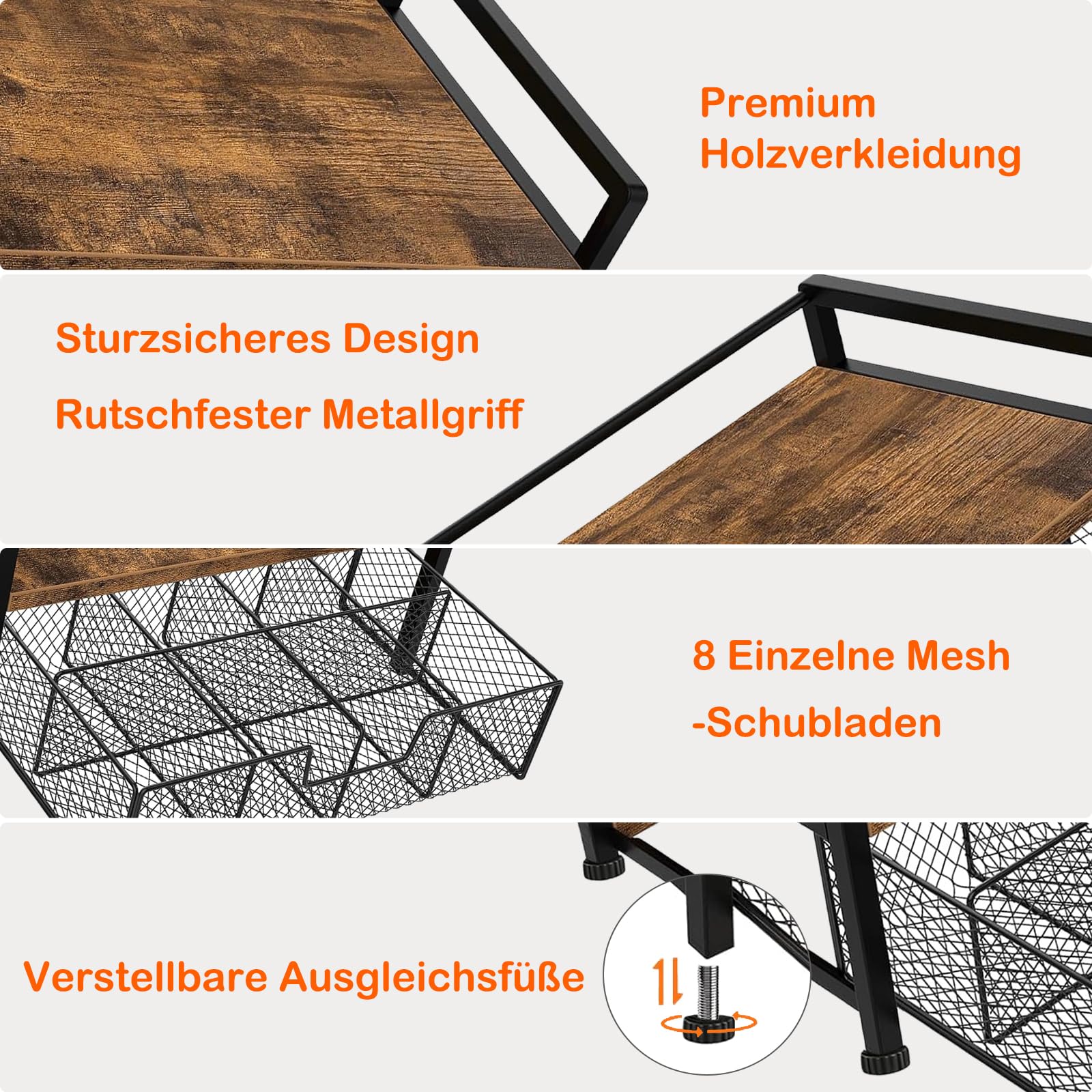Teebeutel Organizer Schublade, Teebox mit 8 Fächern, Teebeutelhalter aus Holz und Metall, Tee Aufbewahrung für Losen Tee, Teepackungen, Kaffee, Gewürze oder als Geschenkverpackung