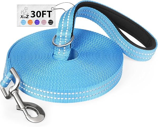 Long Dog Leash XiaZ Training Leashes 10/15/20/30/50/100ft Long Lead for Dogs 30ft Training Leash for Outside Blue 30 Foot Nylon Padded Handle Reflective Hiking Yard - 1
