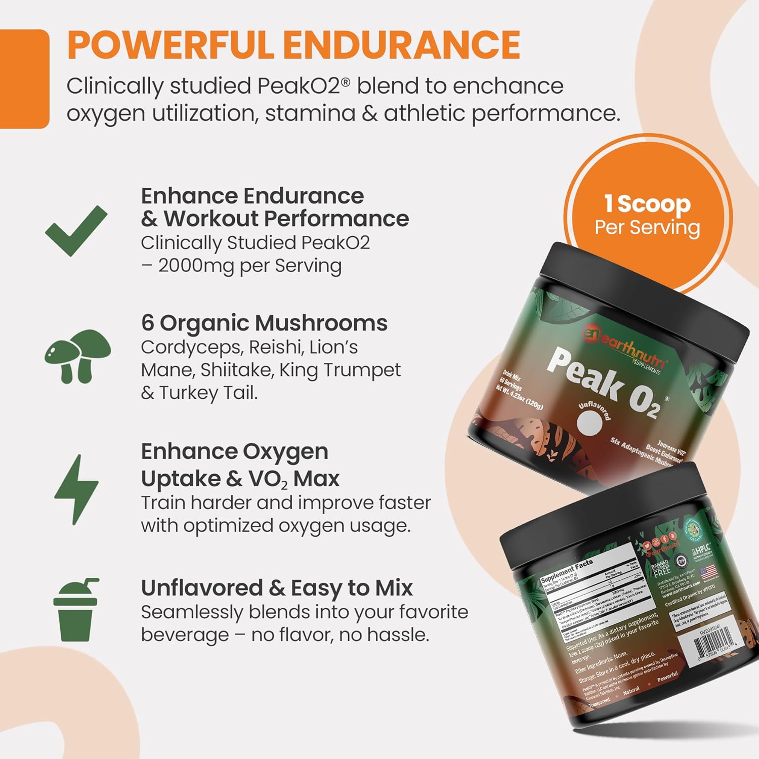 EarthNutri PeakO2 Workout Supplement - Mushroom Supplement for Pre Workout Endurance & Athletic Performance – No Additives, No Fillers – Supports Stamina, Strength & Recovery - 60 Servings - Image 2