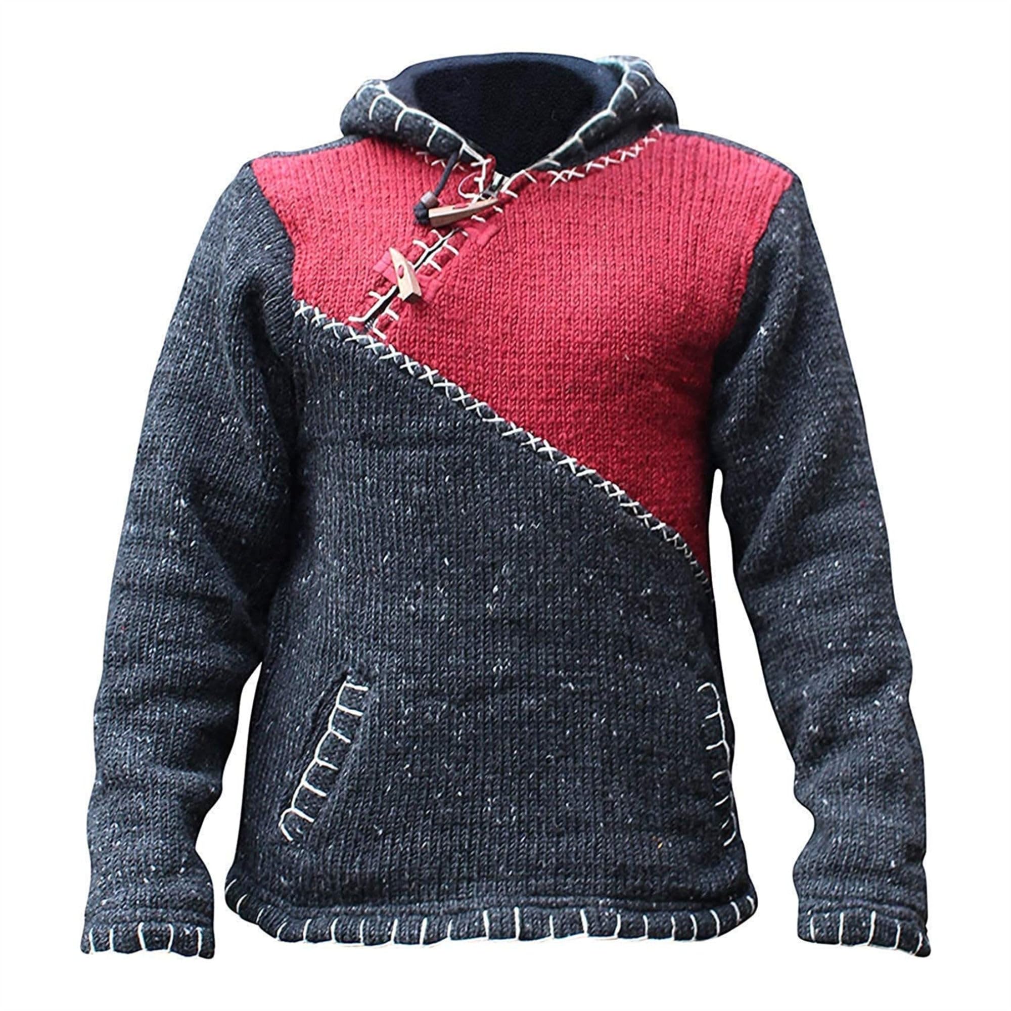 SHOPOHOLIC FASHION Men Cross Zipped Patchwork Fleece Lined Boho Hippie Hoodie Woollen Jacket - (Maroon/XL)
