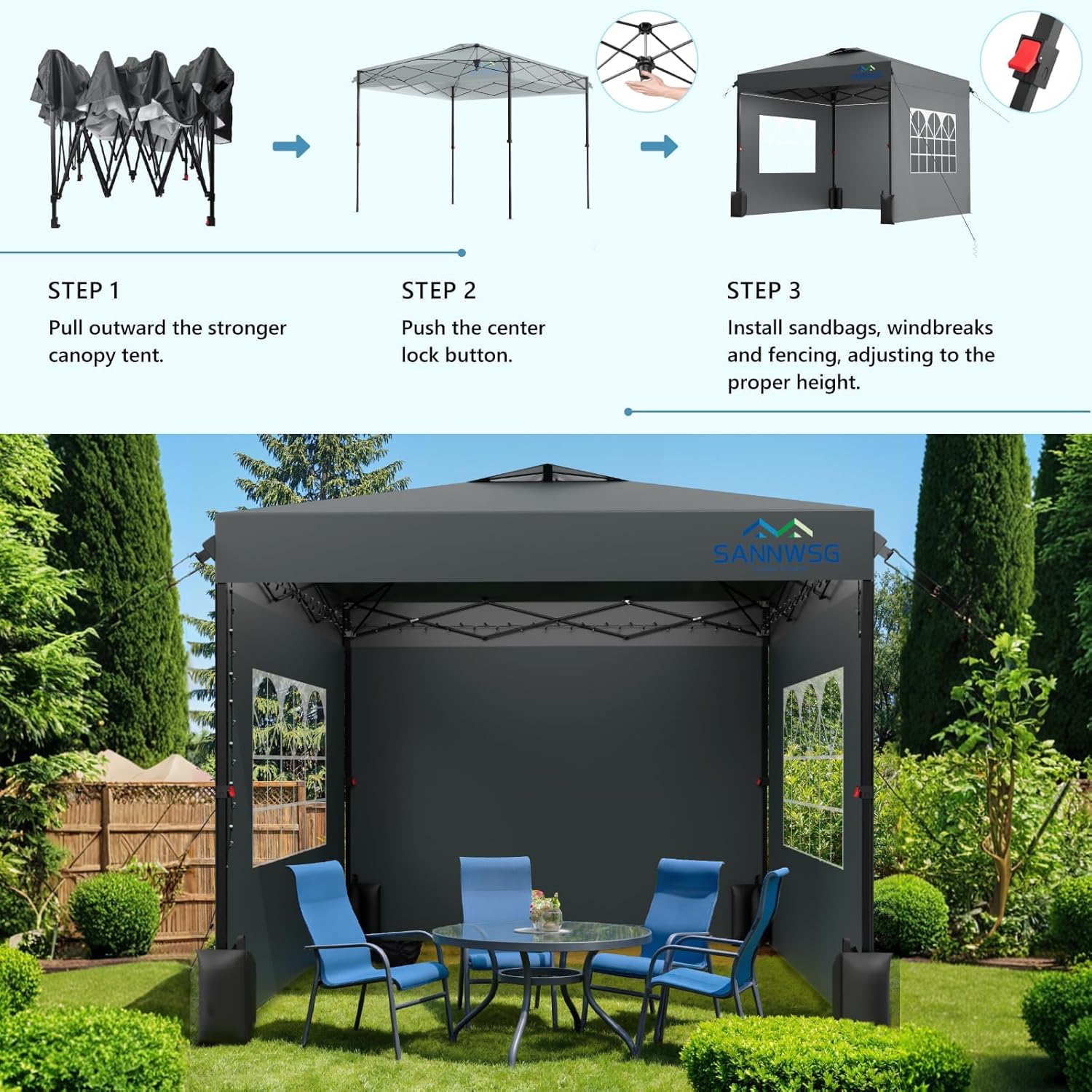 10X10 Pop Up Canopy Tent with 3 Sidewalls,Easy Up Canopy,Commercial Instant Shelter,Heavy Duty One Person Set Up Event Tent,Gray