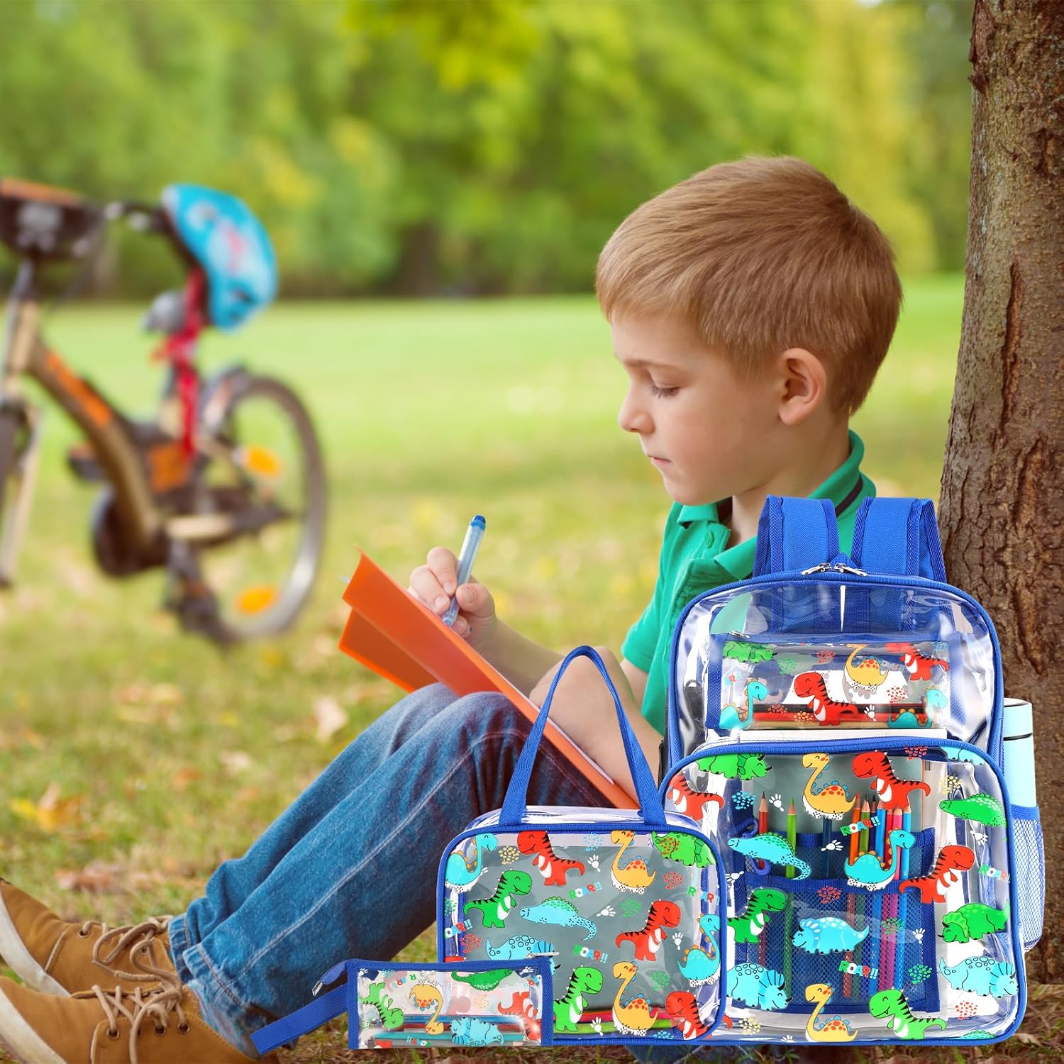 Kolewo4ever 3 Pieces Clear School Backpack Set Back to School Gift Blue Dinosaur Transparent Backpack with Lunch Bag and Pencil Pouch for Girl Boy Kid Heavy Duty Bookbags Middle School Travel Pack - Image 6