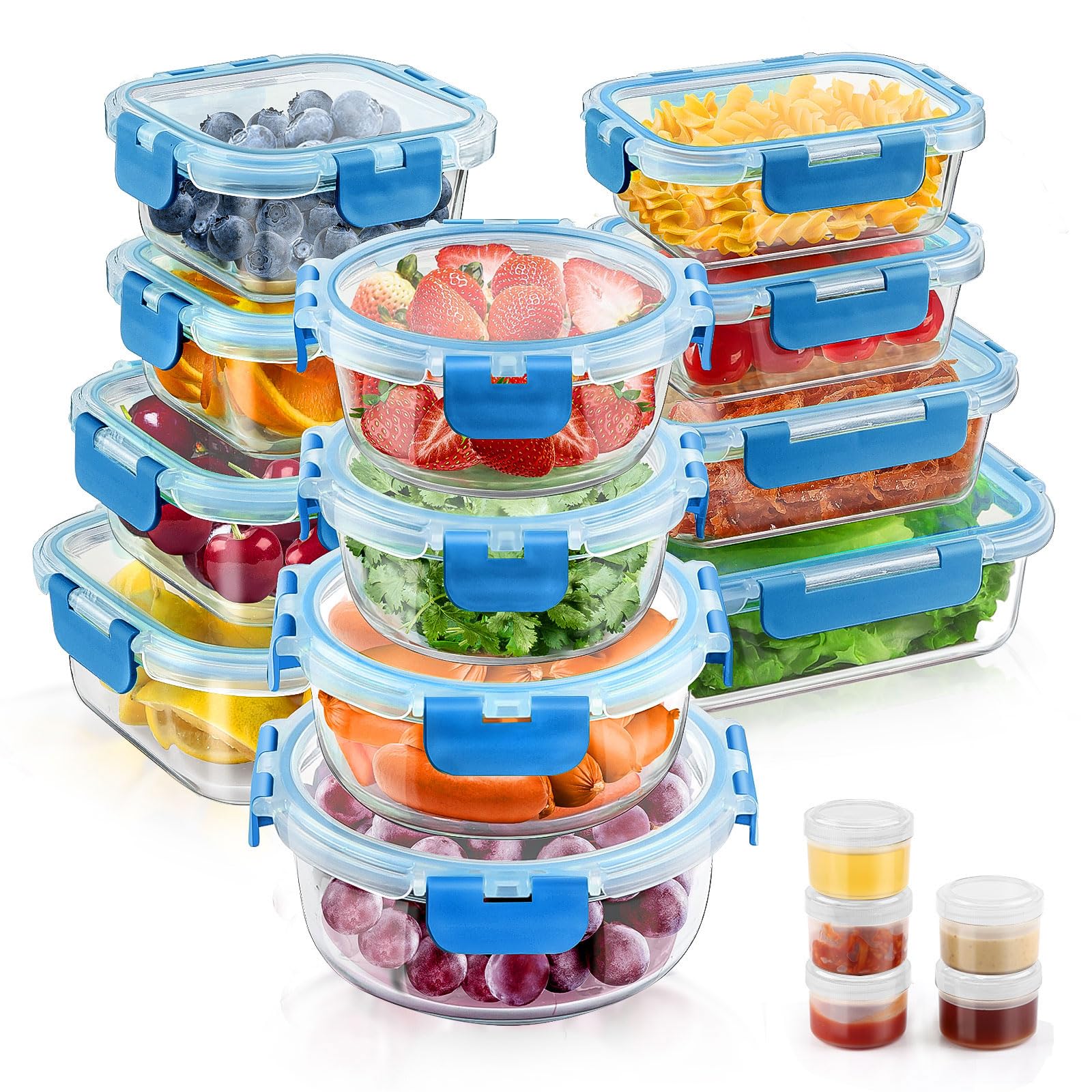 34pcs Glass Food Storage Containers with Lids Set, Airtight Glass Meal Prep Containers (17 Containers & 17 Lids),Leak Proof Lunch Containers BPA-Free, Microwave, Oven, Freezer & Dishwasher,Blue