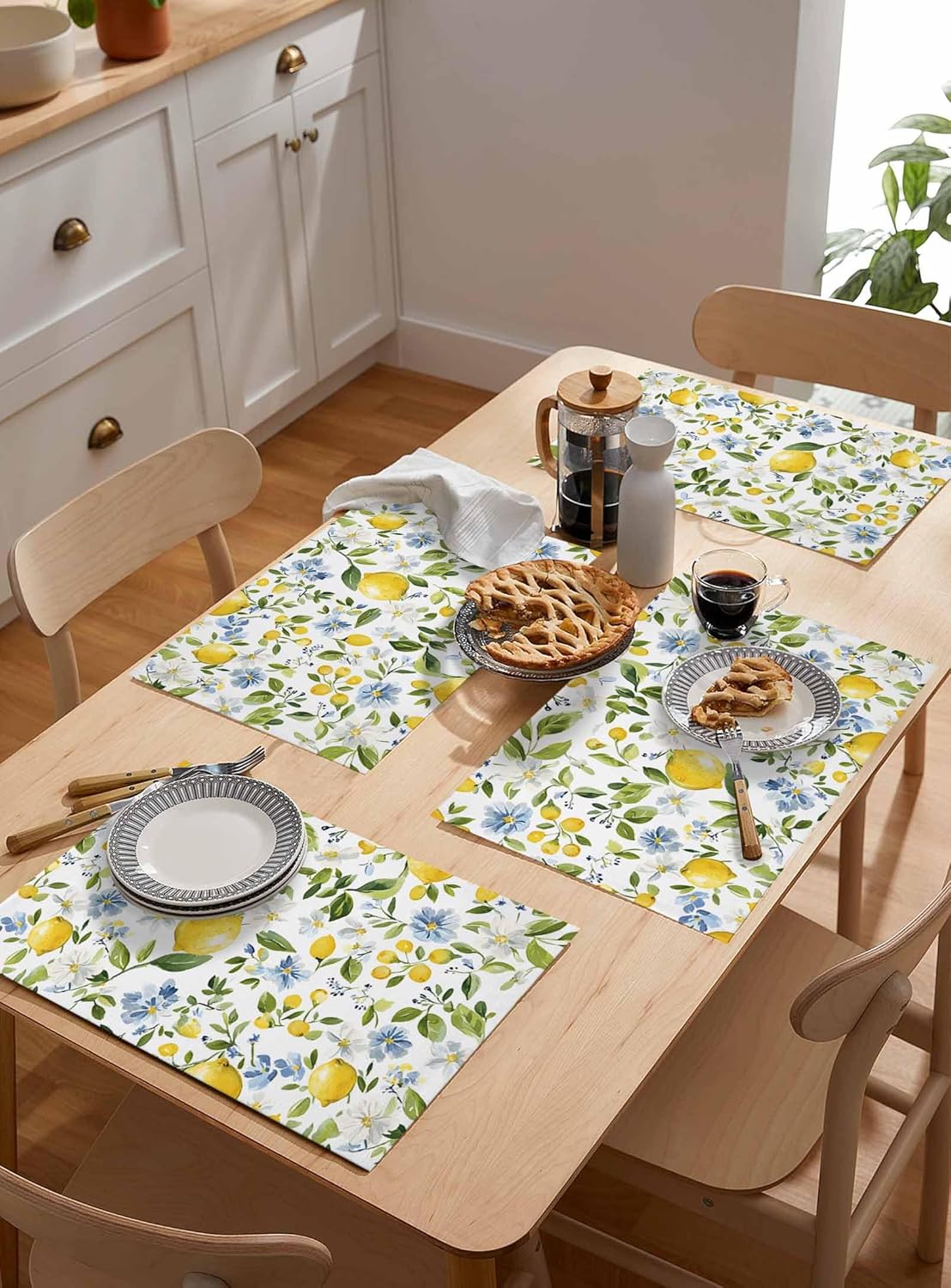 Placemats Set of 6 Summer Watercolor Farm Lemon Place Mat Washable Kitchen Dining Table Mats Blue Flowers and Fruits Placement for Indoor Family Dinner Outdoor Wedding Holiday Party Decor