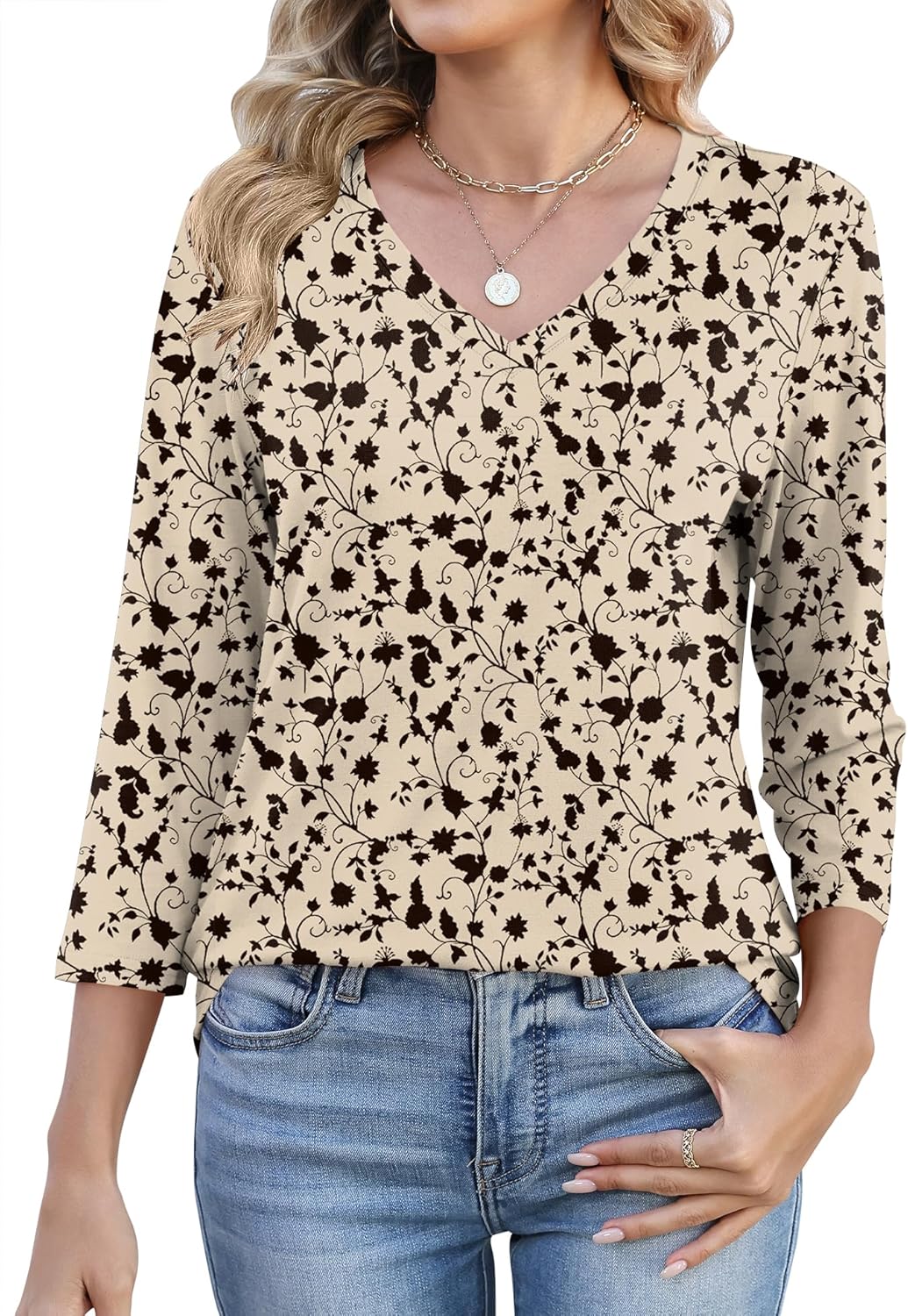 Lomon Women's V Neck T Shirts 3/4 Sleeve Blouse Summer Tops Dressy Casual Basic Tees - Image 4