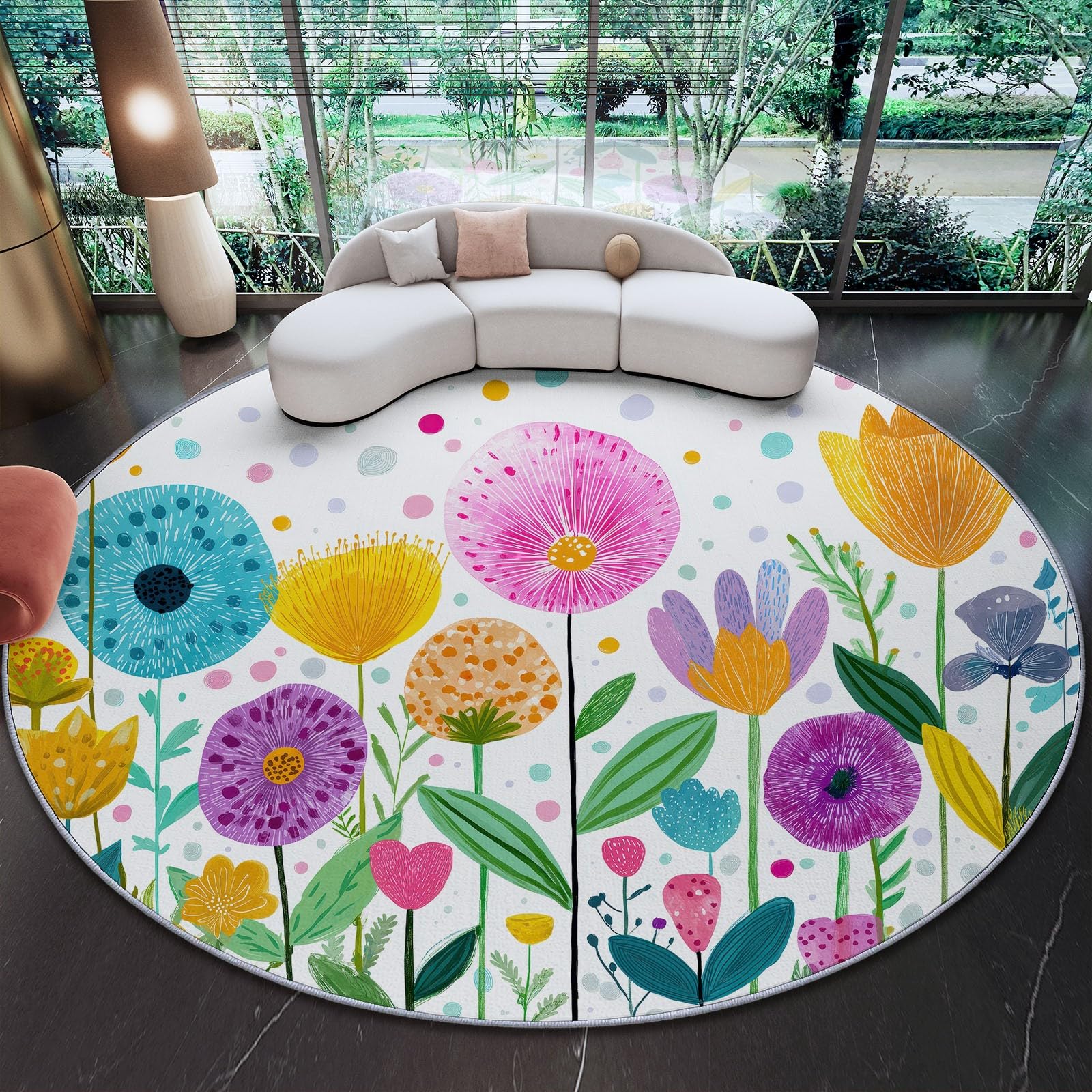 Lavabile In Lavatrice Fantasia Carino Fiori Tappeto Rotondo 80 cm Morbido E Confortevole Pelo Corto In Flanella Tappetino Antiscivolo Camera Da Letto Tappeto Da Pavimento Multicolore