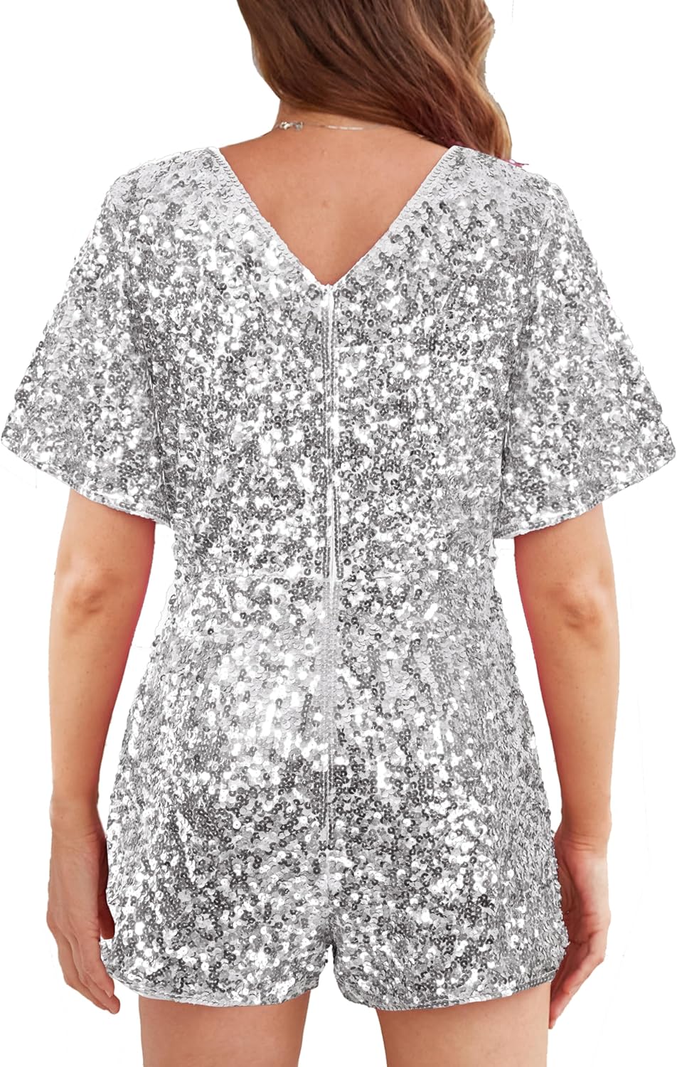 MANER Women’s Sequin Romper Sparkly Short Jumpsuit Party Concert Outfit With Flutter Sleeve - Image 2