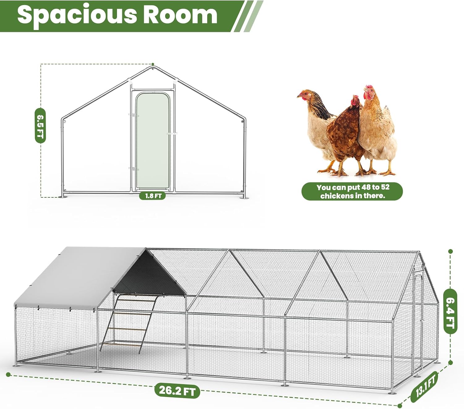 Large Chicken Coop with Roosting Perch– Outdoor Waterproof & UV-Resistant Cover,13.1'Wx26.2'Lx 6.5' Chicken Run for Yard or Farm, Spire Roof