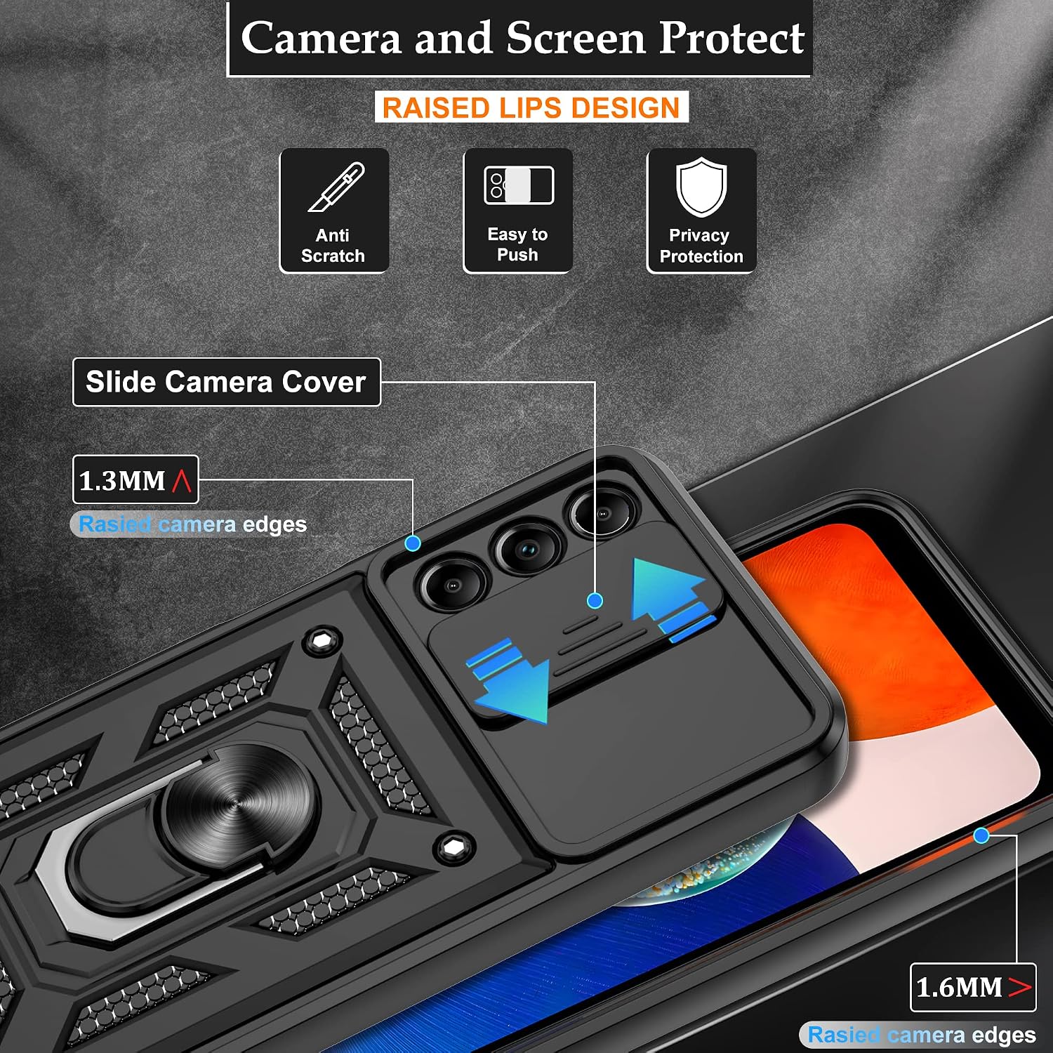 Compatible with Galaxy A14 5G Phone Case,Samsung A14 5G Case with HD Screen Protector with Slide Camera Cover, 360°Rotation Ring Kickstand [Military Grade] Case for Galaxy A14 5G,Black