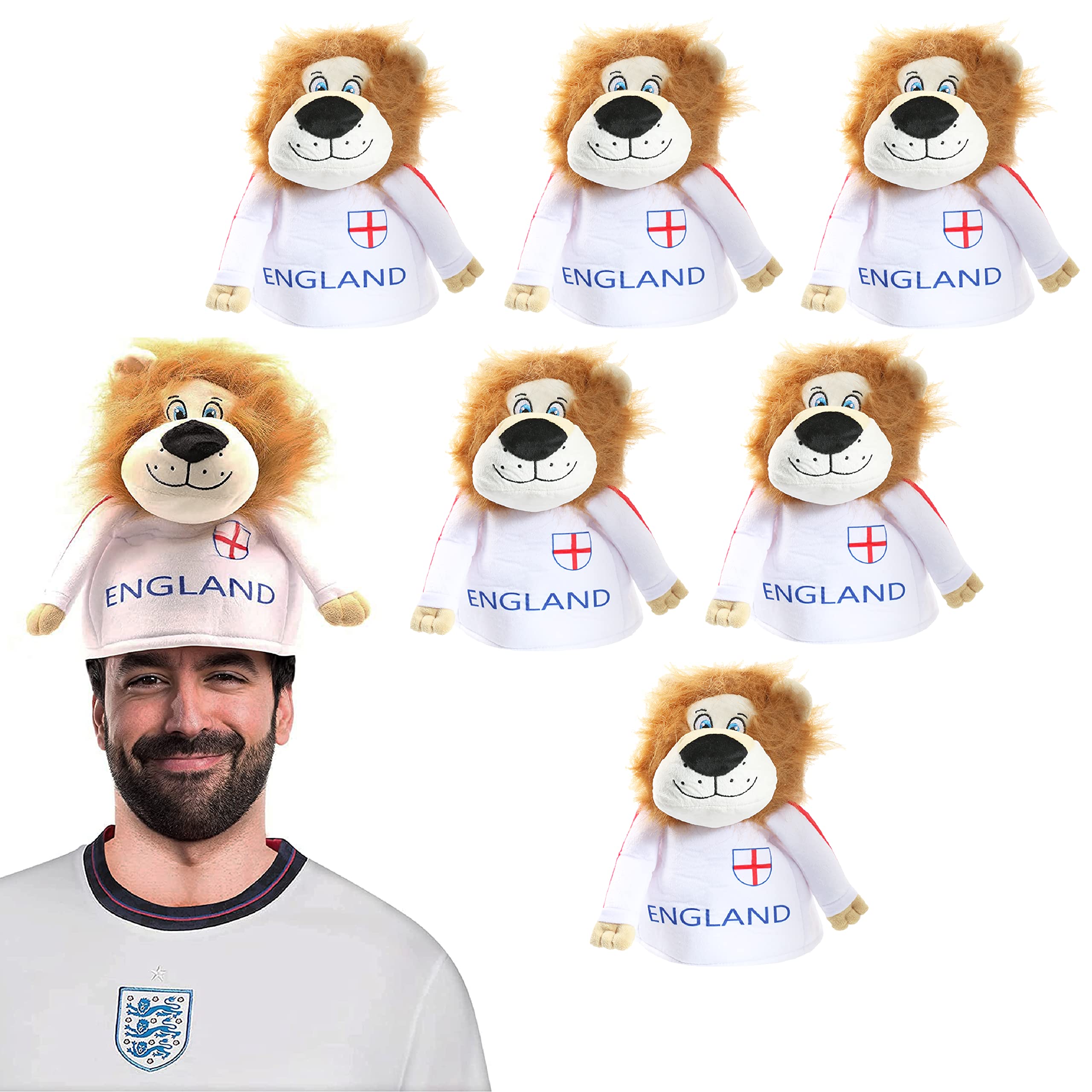 England Lion Football Hat - Pack of 6 - Plush Lion Hat Wearing England Kit with St George Cross - English Sports Supporters Novelty Hat Fancy Dress Accesssory