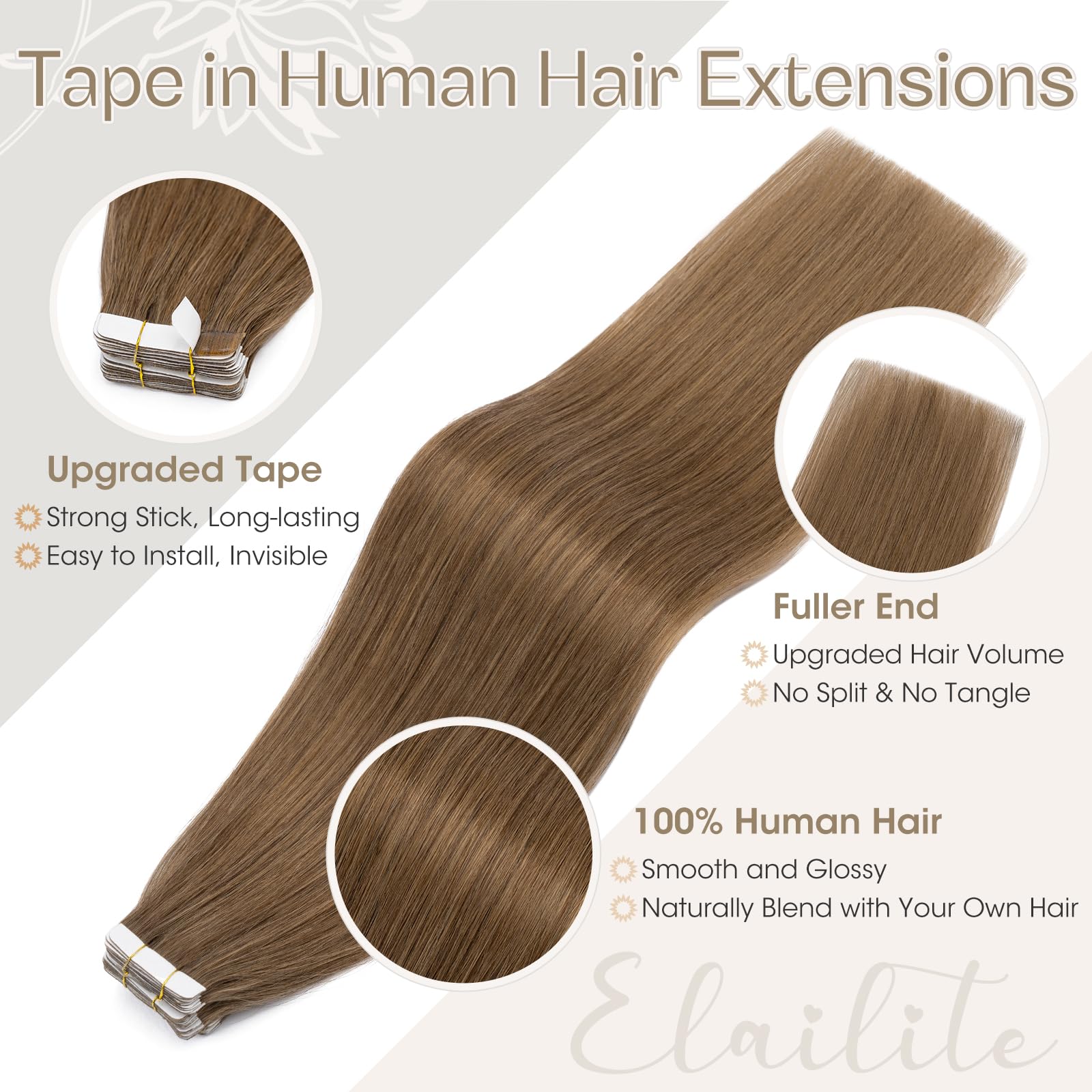 Elailite Tape in Hair Extensions Human Hair Real Human Hair 10 Pcs Invisible Thin Type - Image 4