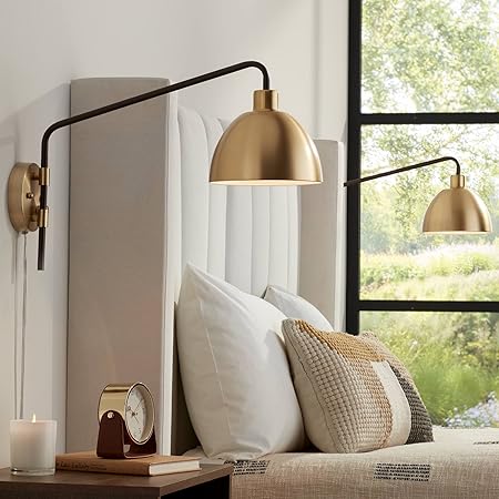 Barnes And Ivy Indoor Swing Arm Wall Mount Lamp With Cord Antique Brass