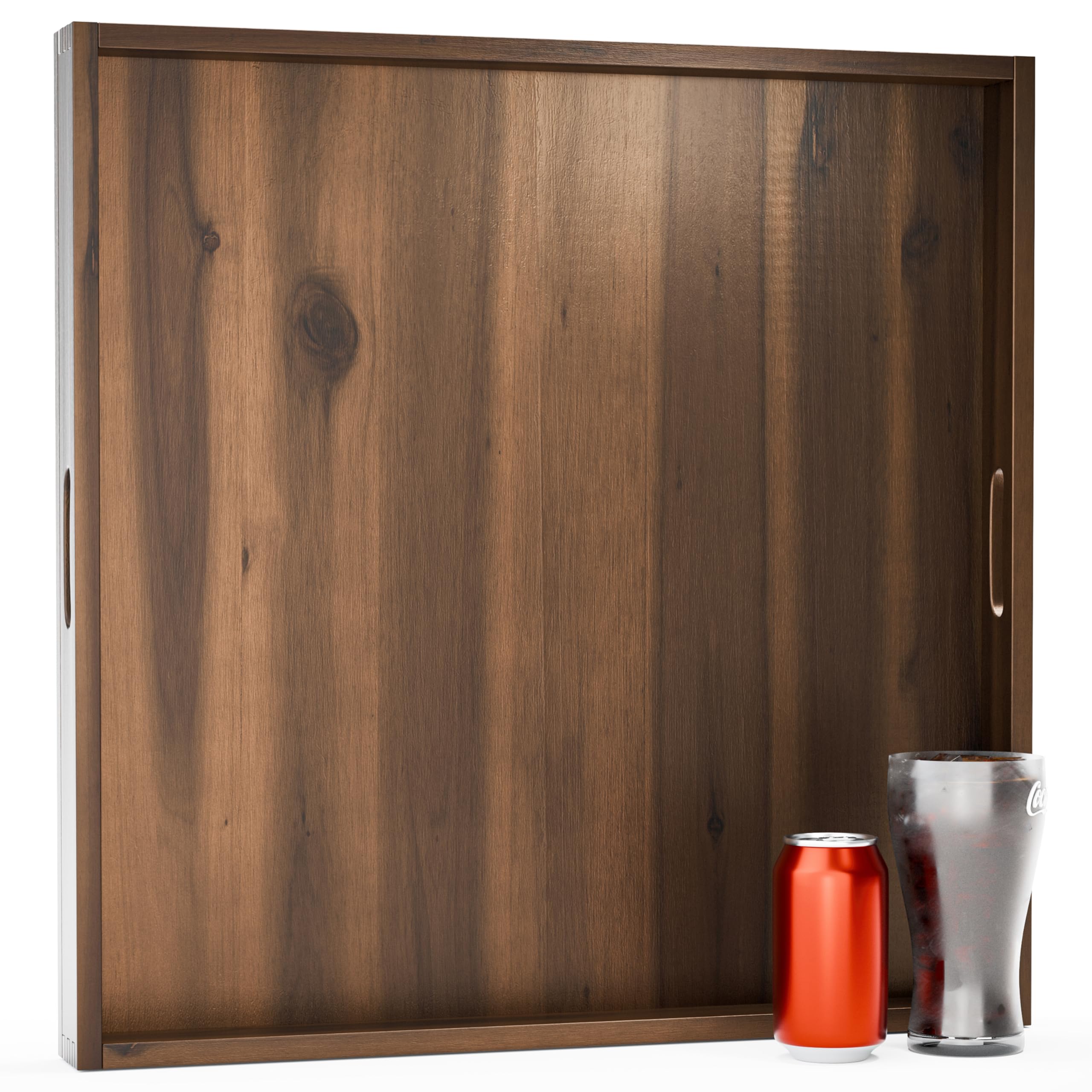 24 Inch Acacia Wood Square Ottoman Tray - Wooden Square Serving Tray with Handles - Extra Large Food Serving Trays for Decorative, Coffee Table, Breakfast in Bed - Charcuterie Trays (Walnut 24 inch)